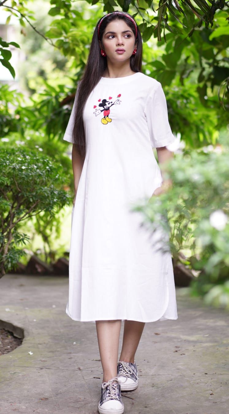 Mickie mouse Dress Hand Embroidered on khadi Pure cotton fabric