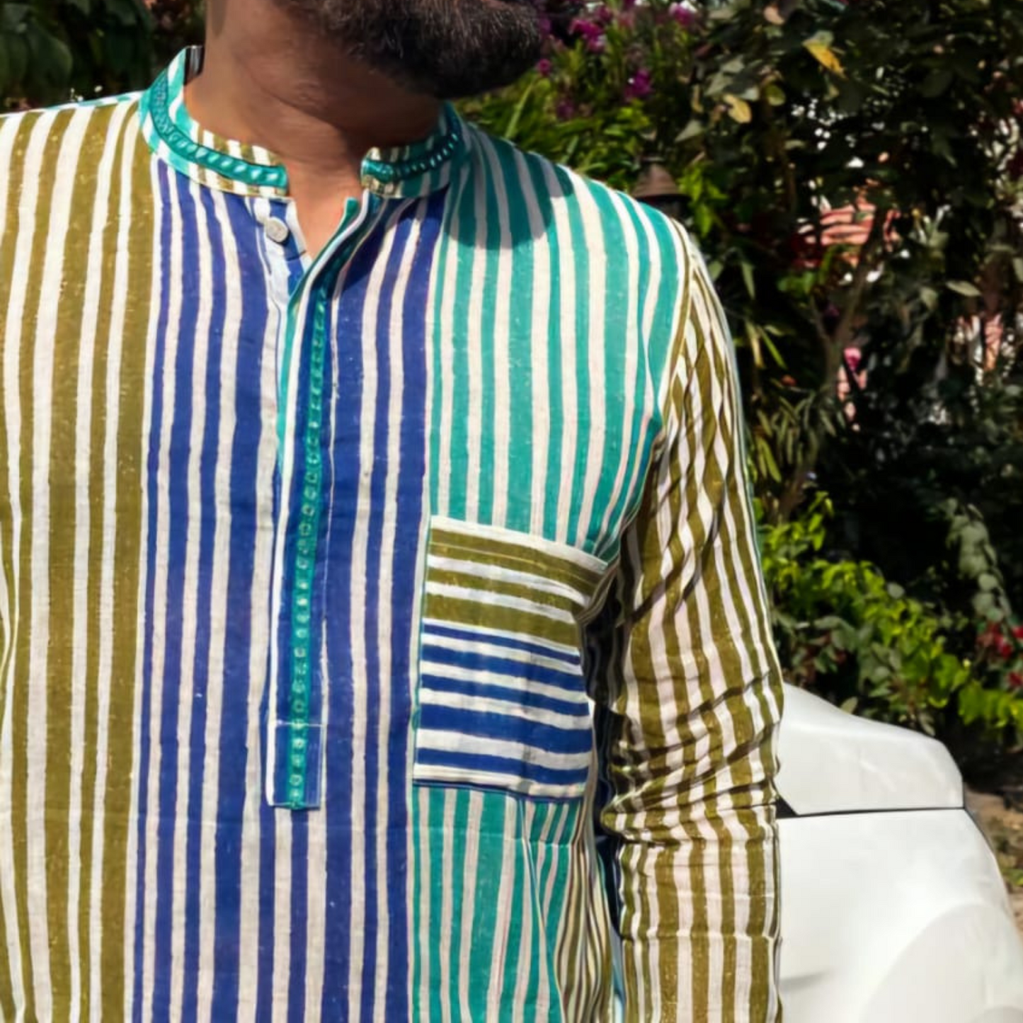 Durey - Hand Block printed Full Sleeve Mandarin Collar Kurta With Hand Embroidery Mirror Details on Collar and front lapel 100% Cotton for Men