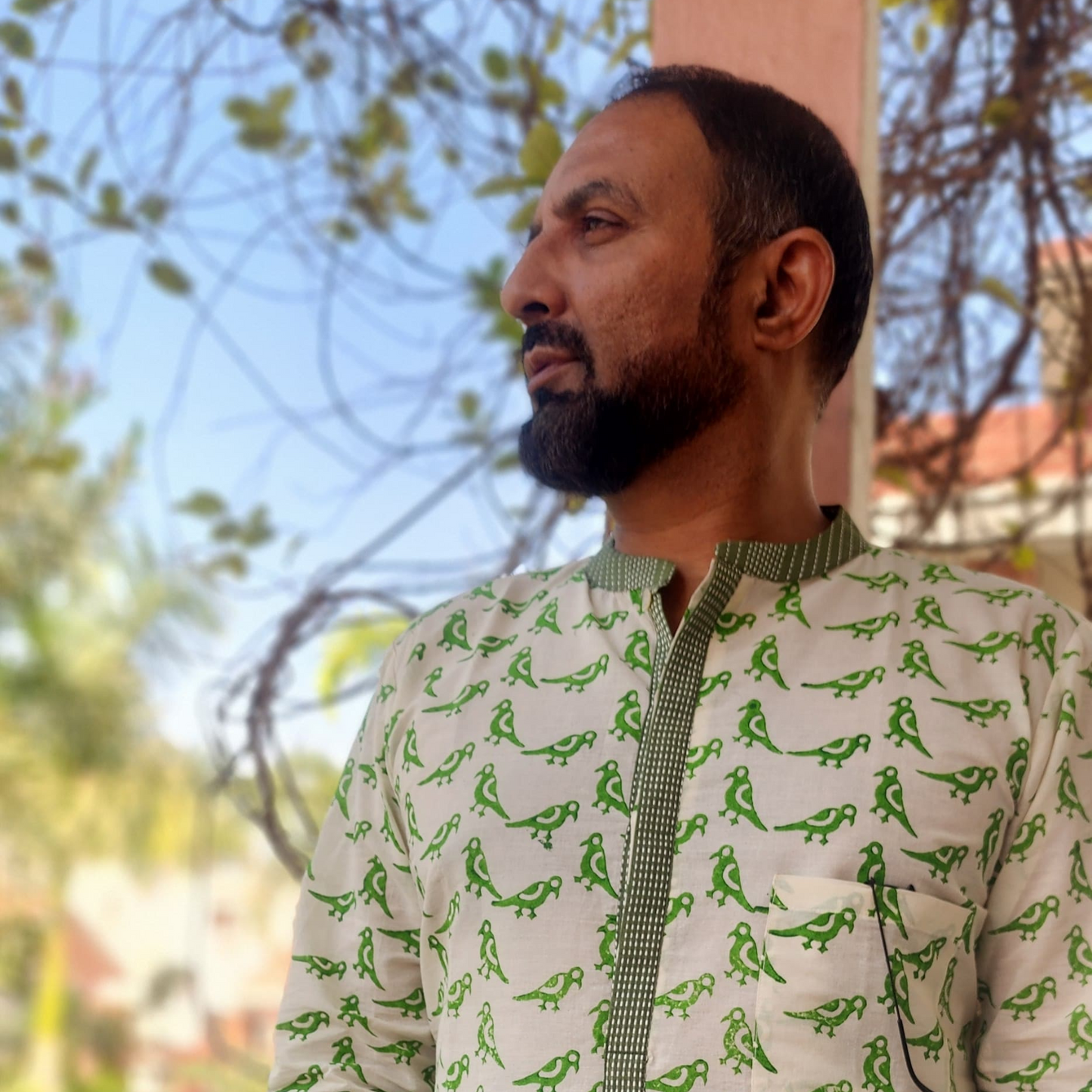 Pankh - Hand Block printed Full Sleeve Mandarin Collar Kurta With Kantha Embroidery Details on Collar and front lapel 100% Cotton for Men