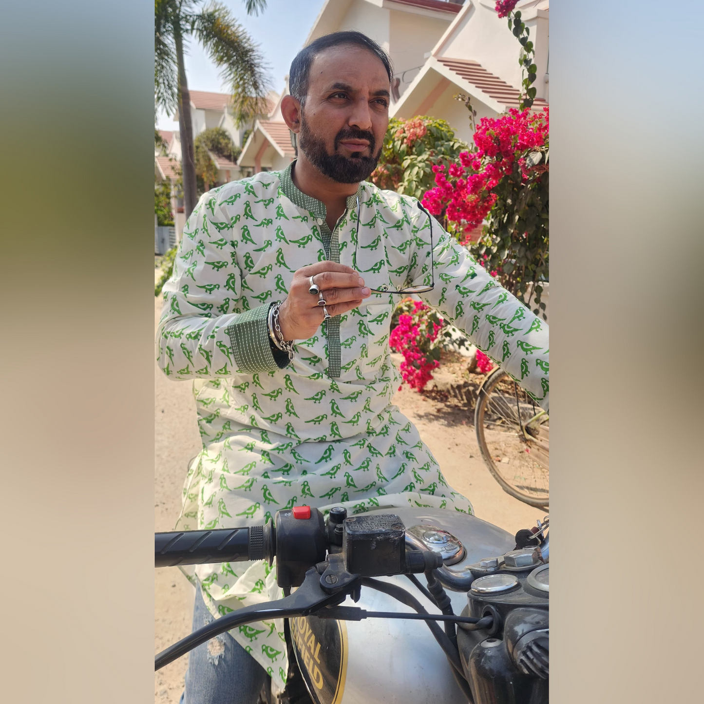 Pankh - Hand Block printed Full Sleeve Mandarin Collar Kurta With Kantha Embroidery Details on Collar and front lapel 100% Cotton for Men