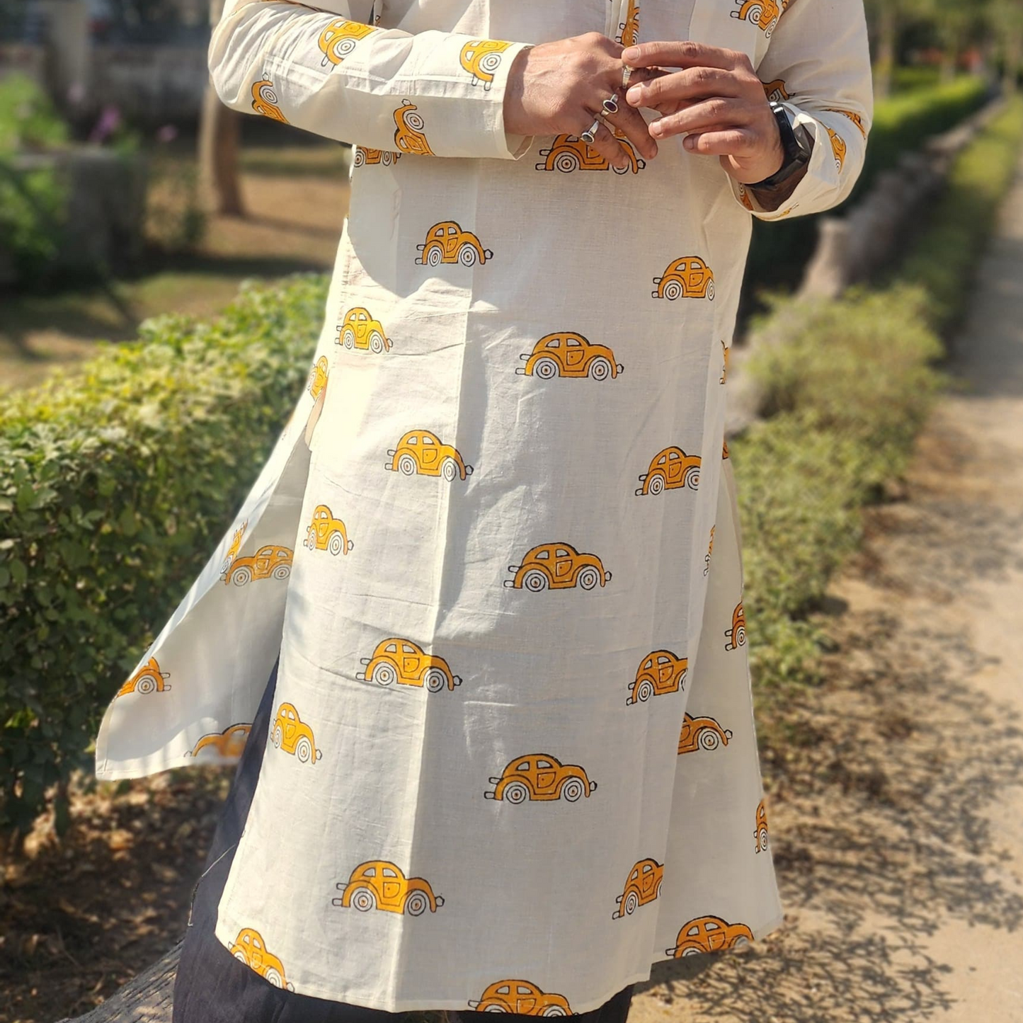 Pili Taxi - Hand Block printed Full Sleeve Mandarin Collar Kurta With Hand Embroidery Mirror Details on Collar and front lapel 100% Cotton for Men