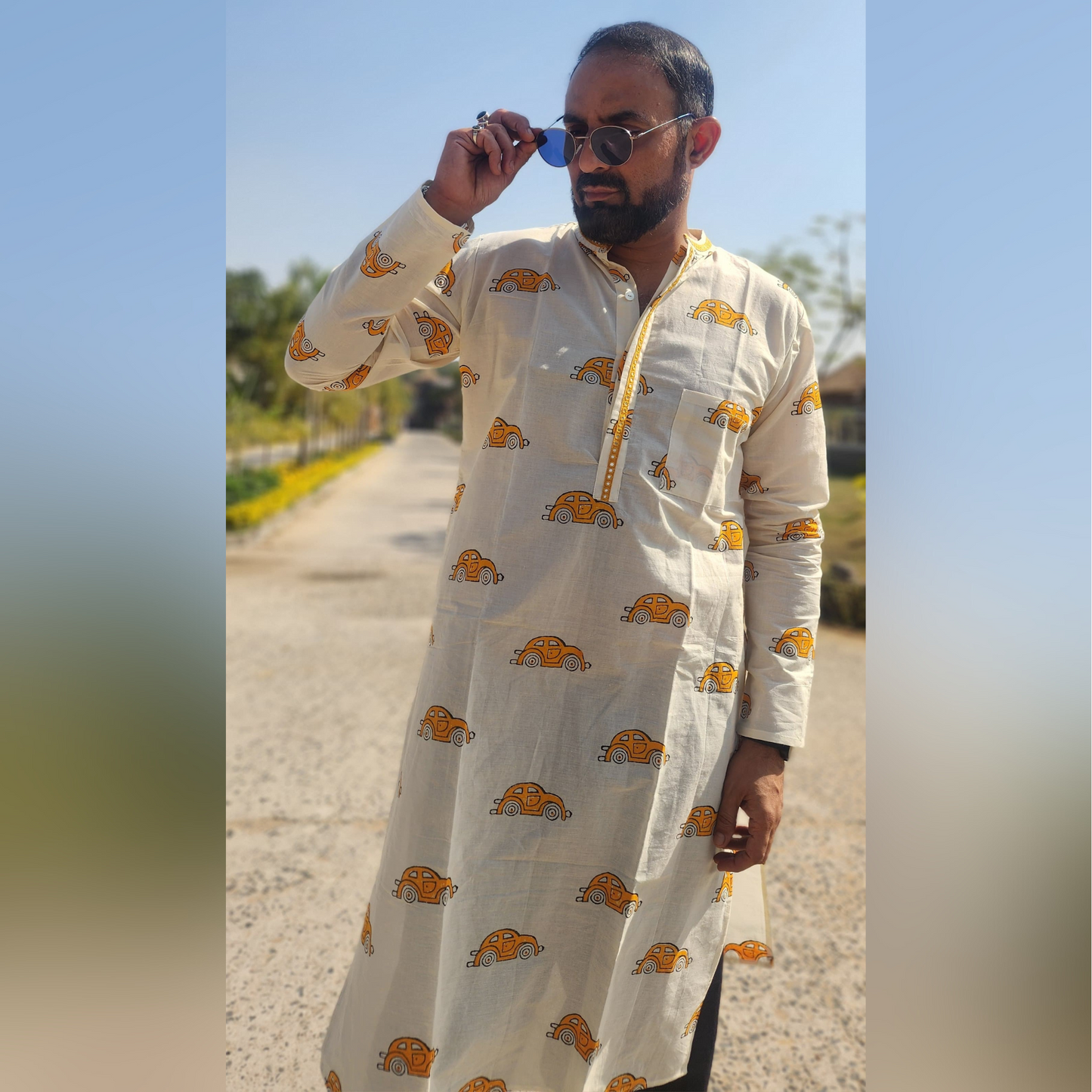 Pili Taxi - Hand Block printed Full Sleeve Mandarin Collar Kurta With Hand Embroidery Mirror Details on Collar and front lapel 100% Cotton for Men