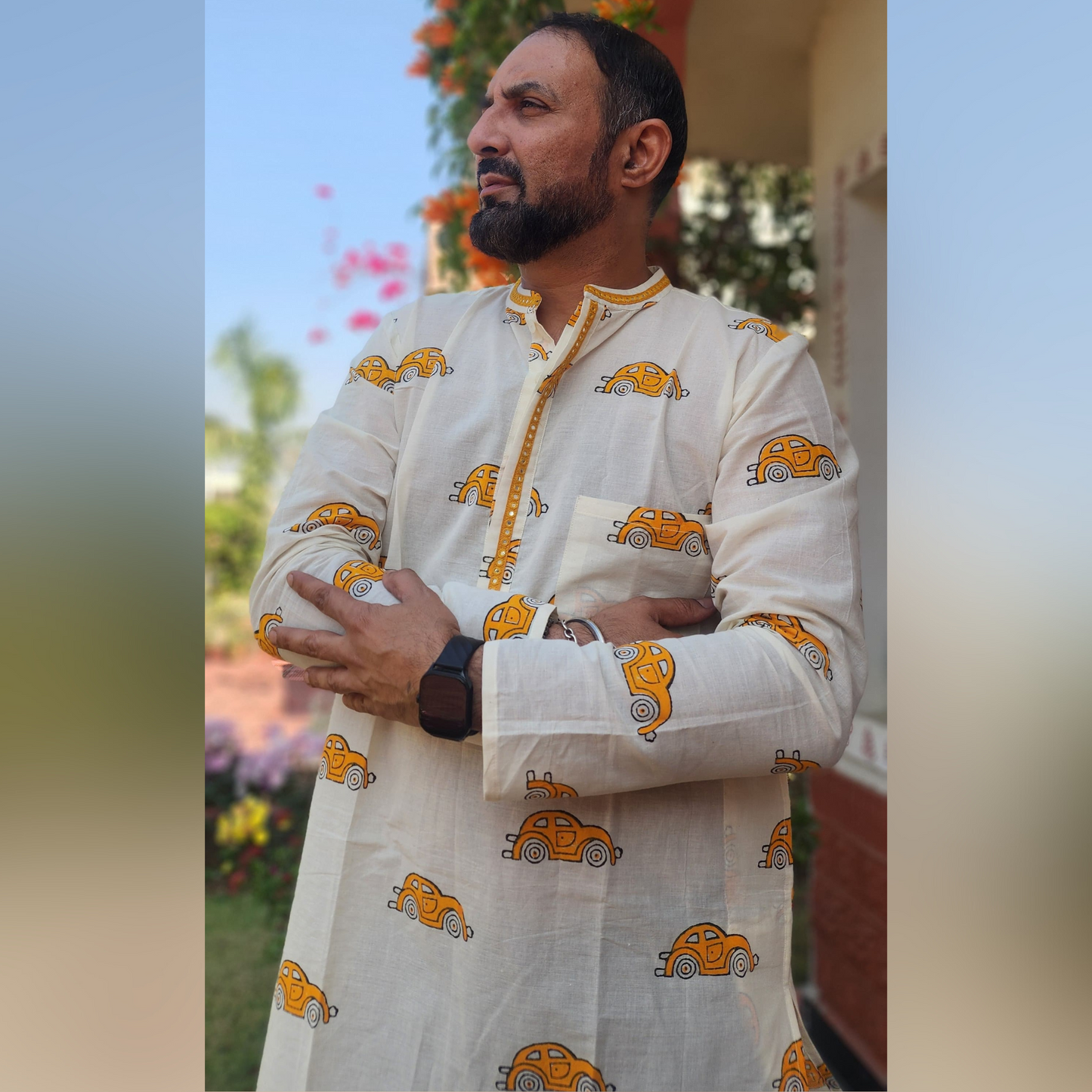 Pili Taxi - Hand Block printed Full Sleeve Mandarin Collar Kurta With Hand Embroidery Mirror Details on Collar and front lapel 100% Cotton for Men
