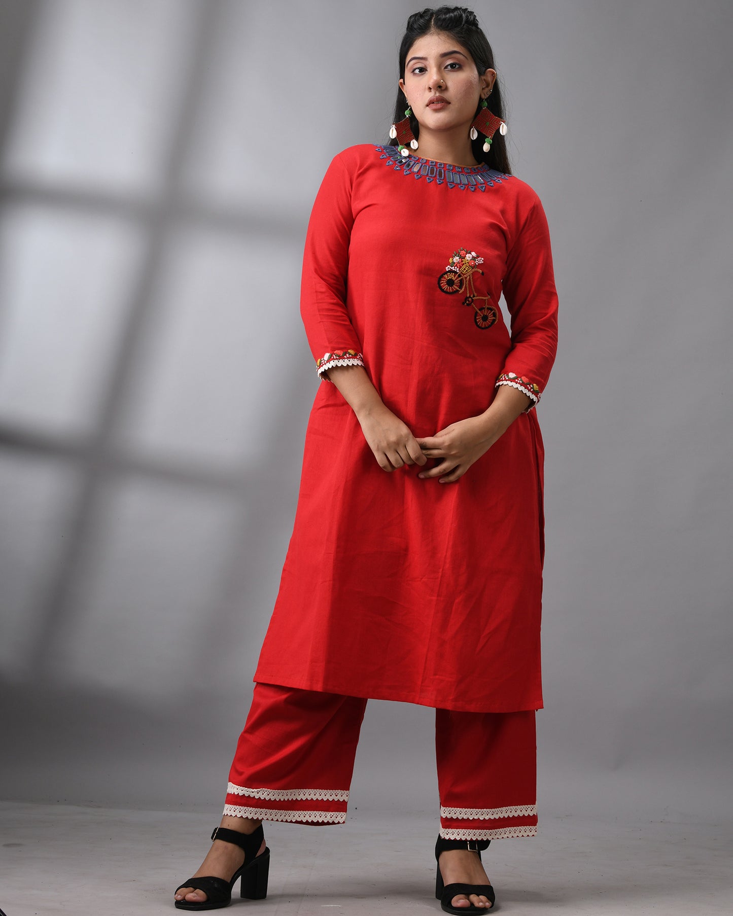 Sheesha - Khadi Red Parsee Hand Embroidery Three-Quarter Sleeve "O" Neck Co-Ord Set 100% Cotton for Women