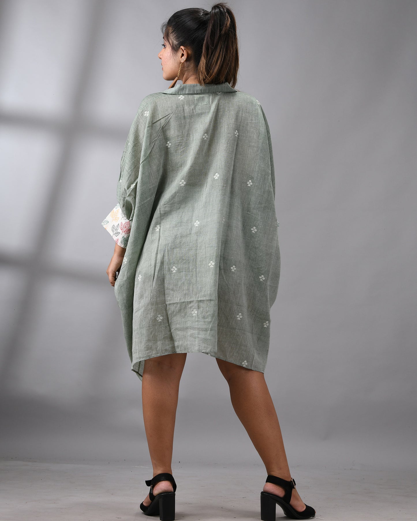 Handloom Jamdani Mint Green Kaftan Regular Shirt Collar Hand Embroidery on Cuff Free size Loose Fit 100% Cotton for Women