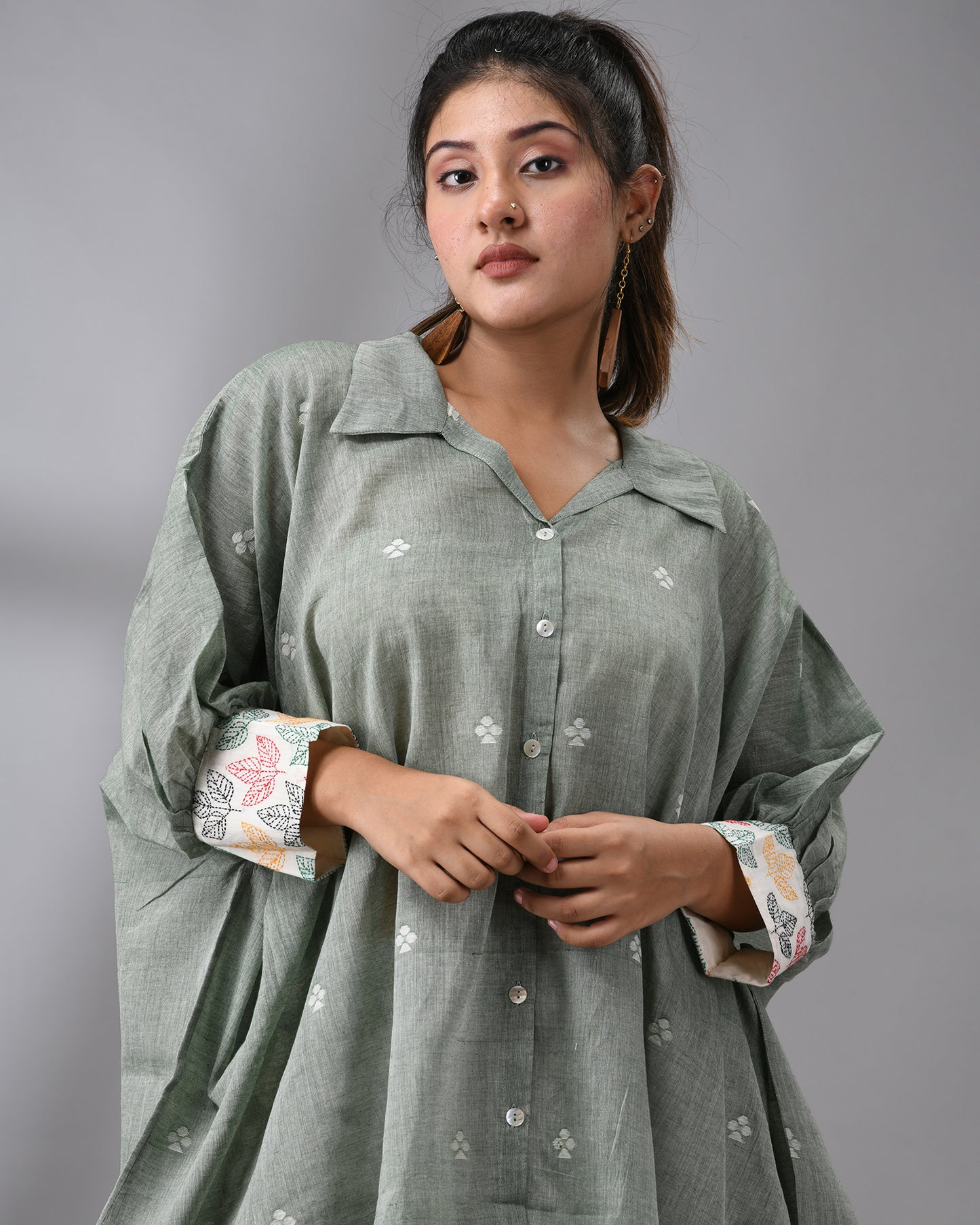 Handloom Jamdani Mint Green Kaftan Regular Shirt Collar Hand Embroidery on Cuff Free size Loose Fit 100% Cotton for Women