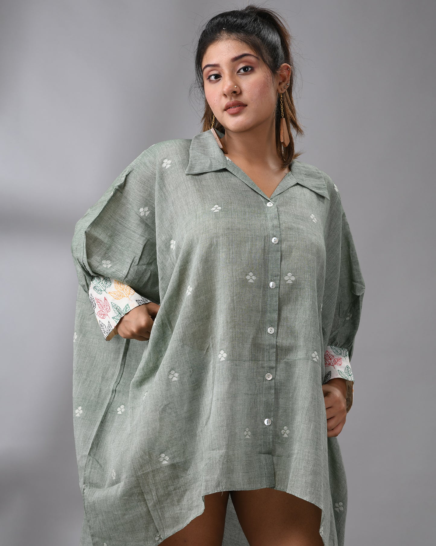 Handloom Jamdani Mint Green Kaftan Regular Shirt Collar Hand Embroidery on Cuff Free size Loose Fit 100% Cotton for Women