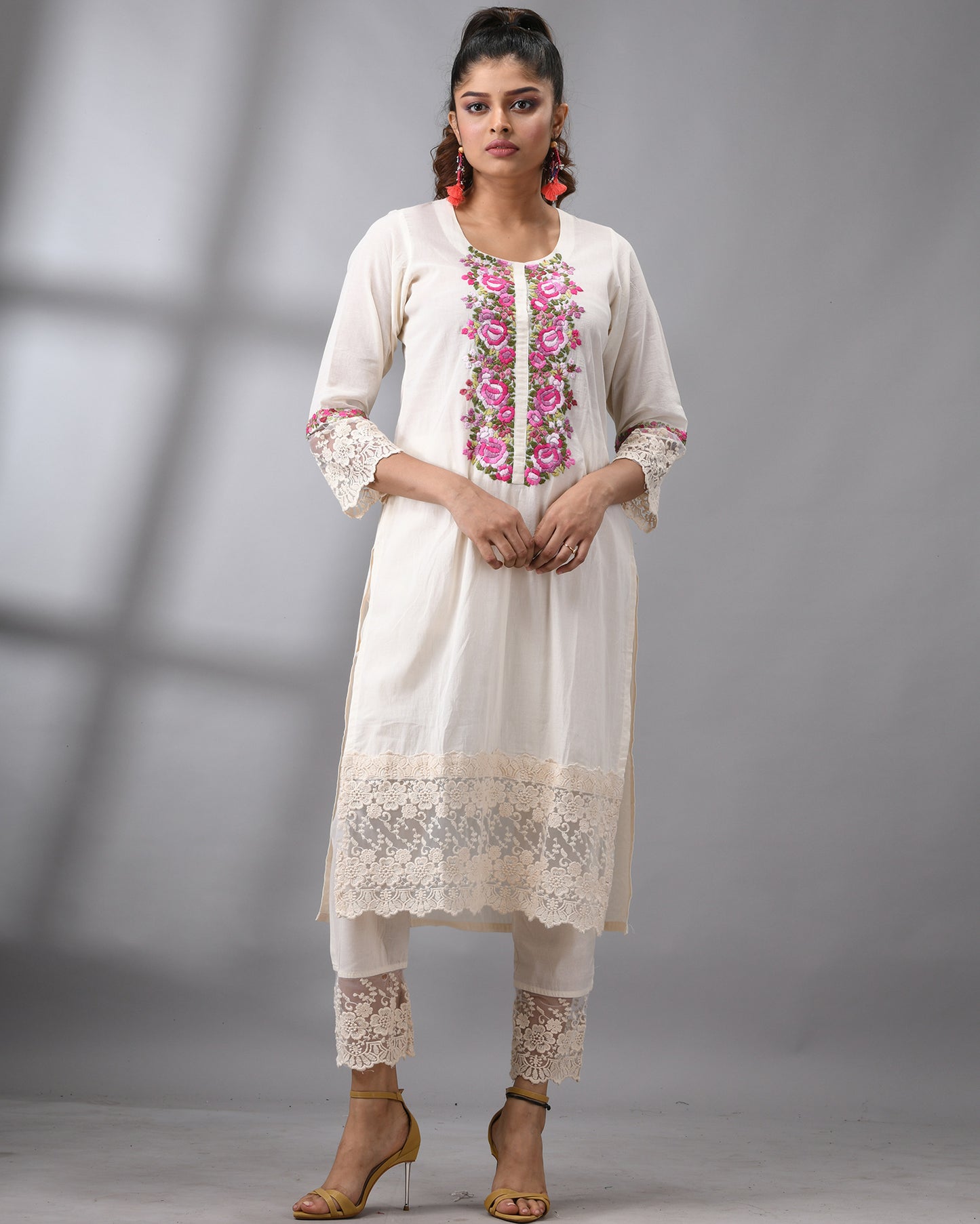 Rose 4 A Rose - Parsee Hand Embroidery Three-Quarter Sleeve Round Neck Co-Ord Set 100% Cotton for Women