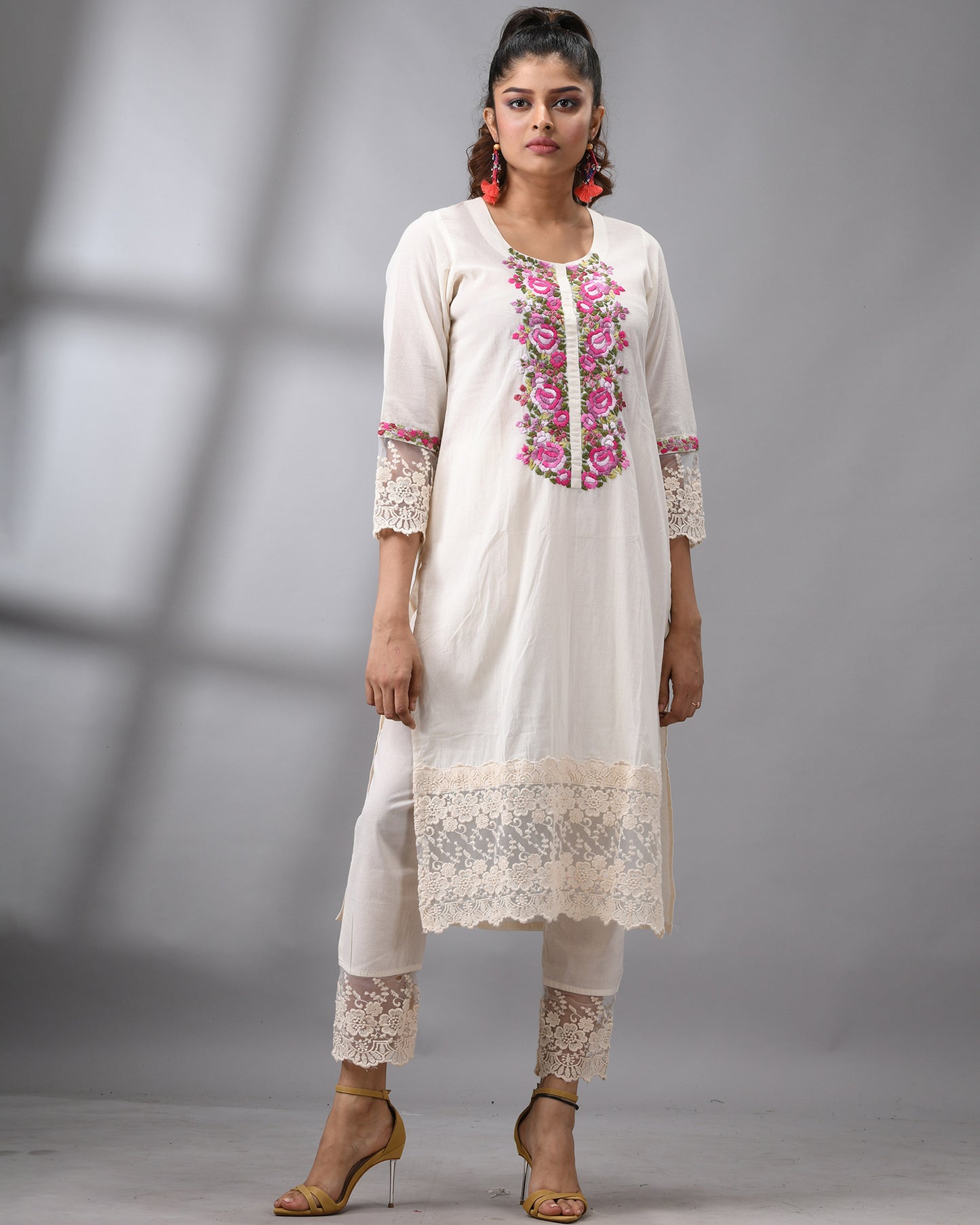 Rose 4 A Rose - Parsee Hand Embroidery Three-Quarter Sleeve Round Neck Co-Ord Set 100% Cotton for Women