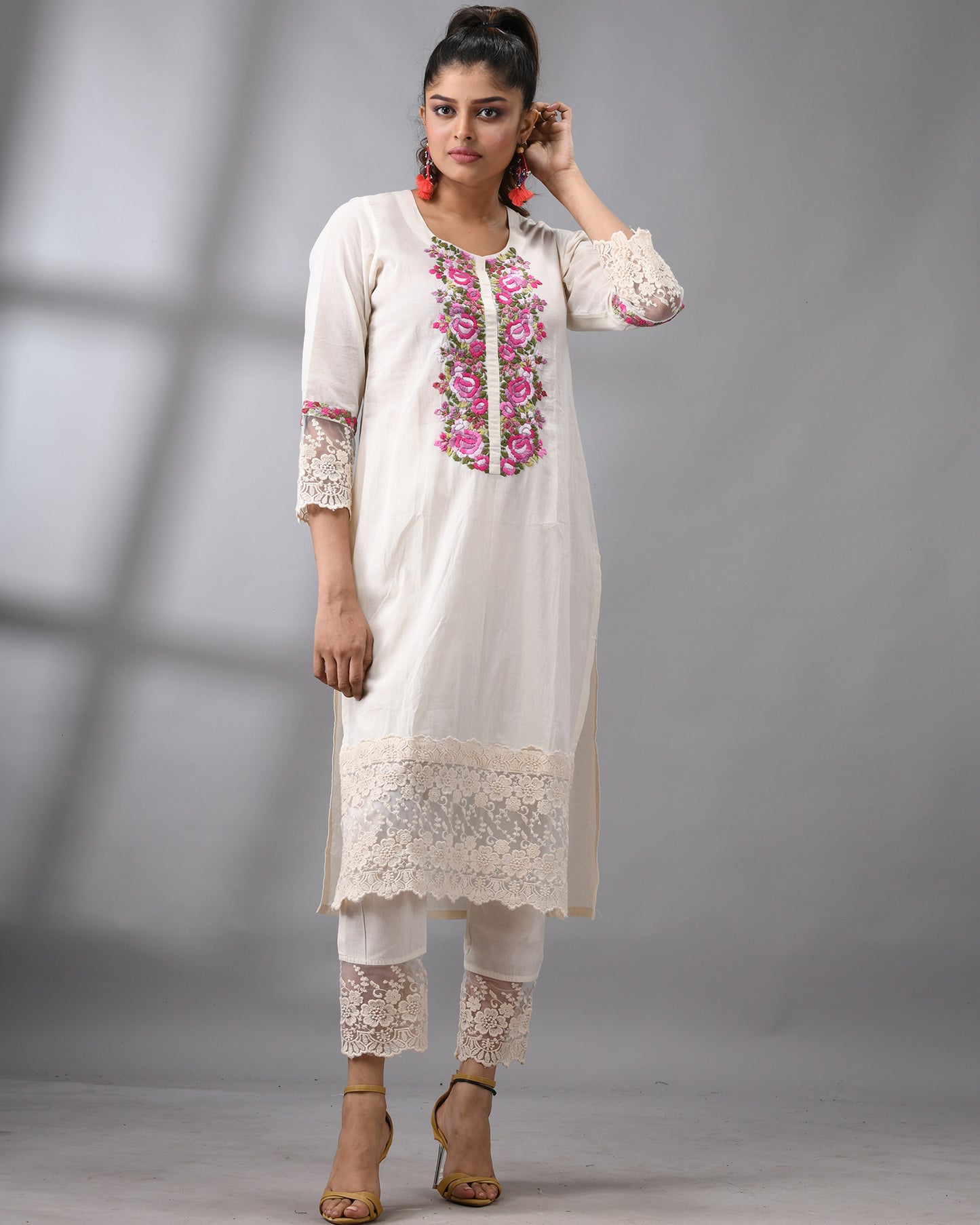 Rose 4 A Rose - Parsee Hand Embroidery Three-Quarter Sleeve Round Neck Co-Ord Set 100% Cotton for Women