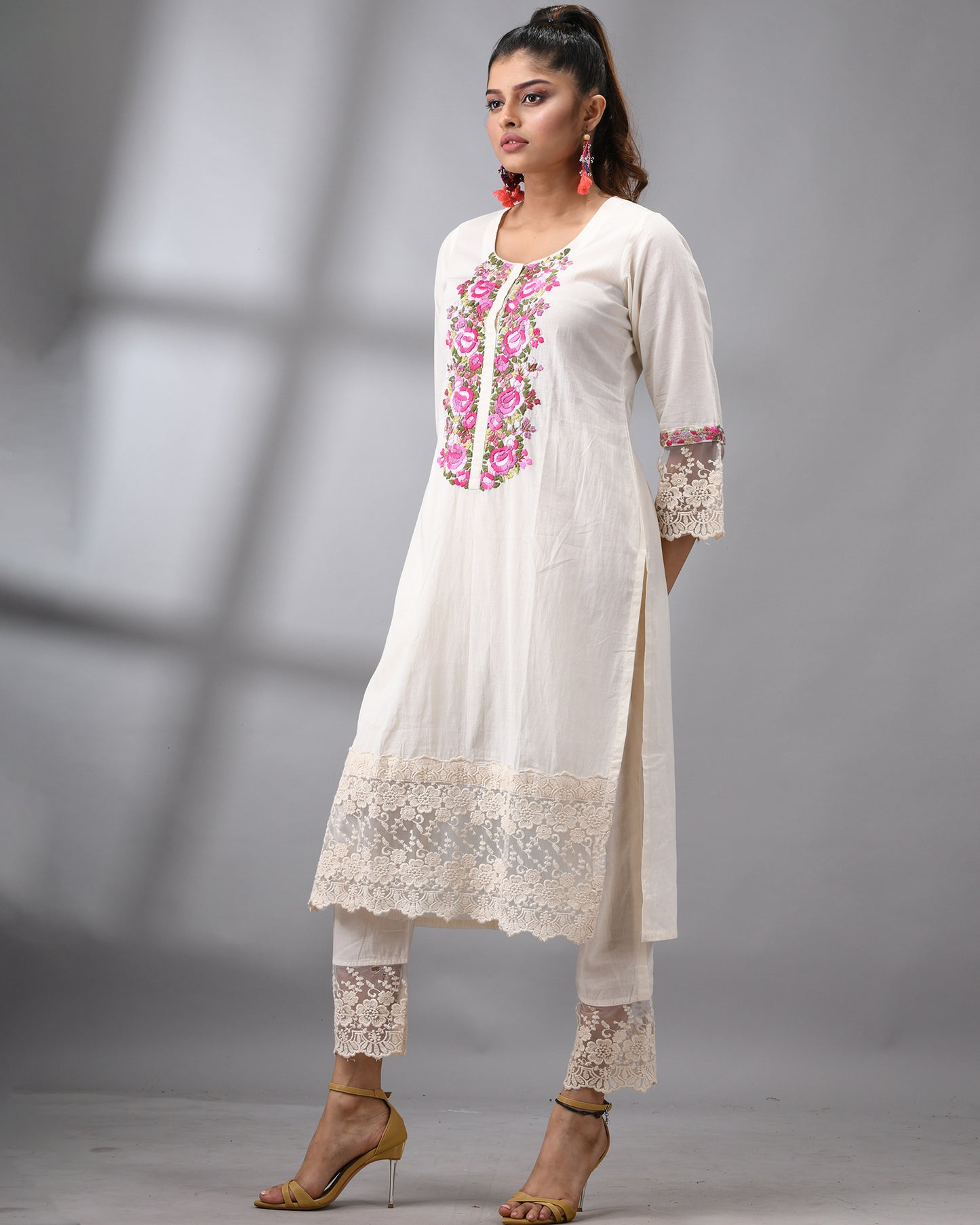 Rose 4 A Rose - Parsee Hand Embroidery Three-Quarter Sleeve Round Neck Co-Ord Set 100% Cotton for Women