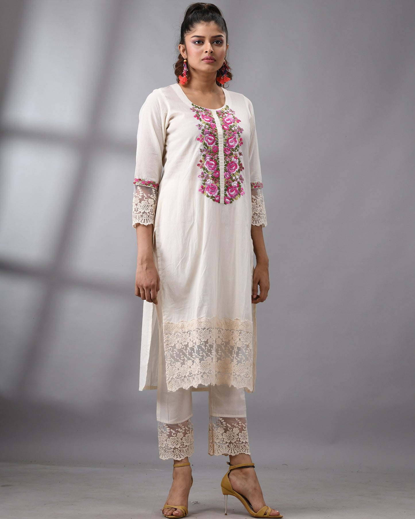 Rose 4 A Rose - Parsee Hand Embroidery Three-Quarter Sleeve Round Neck Co-Ord Set 100% Cotton for Women