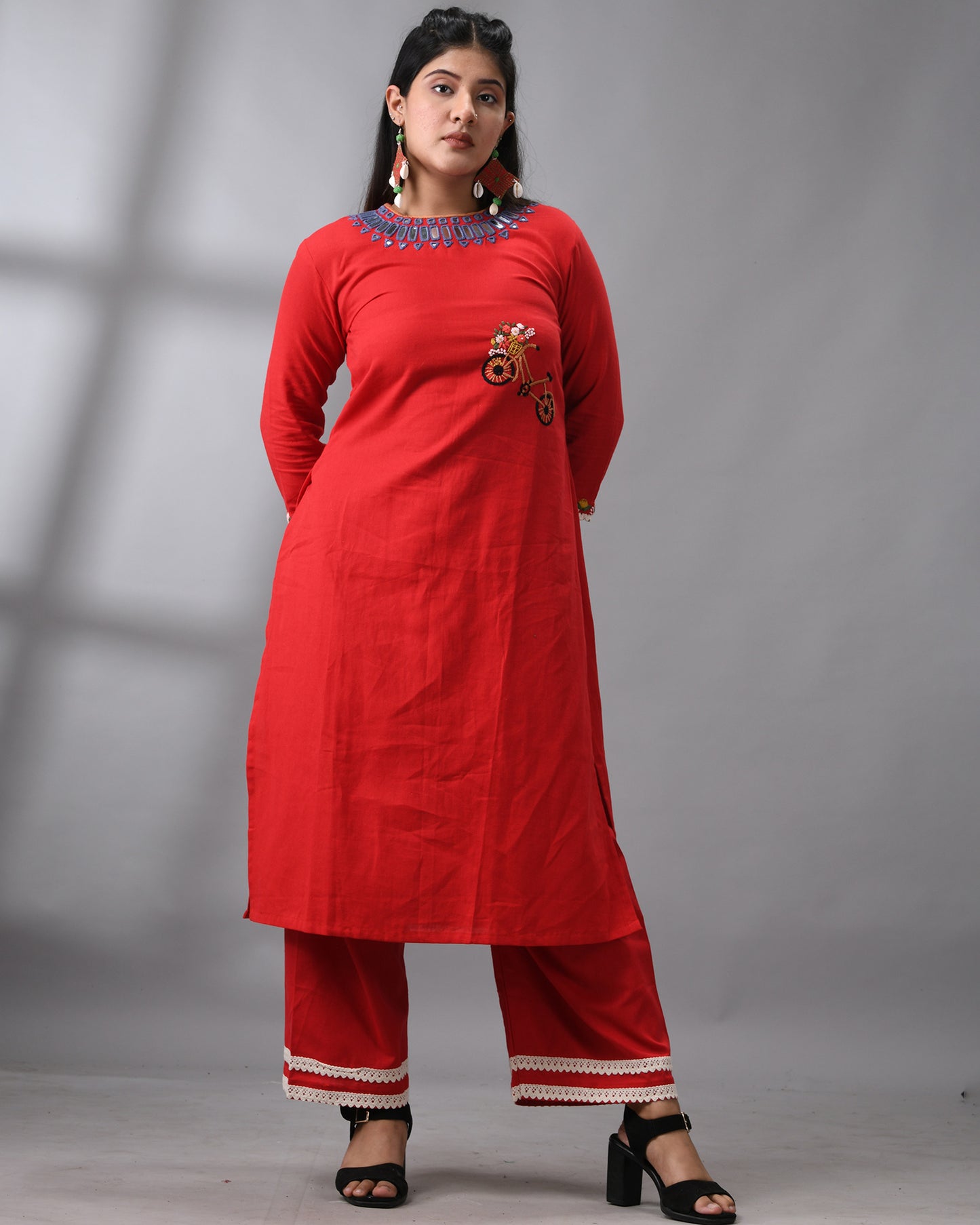Sheesha - Khadi Red Parsee Hand Embroidery Three-Quarter Sleeve "O" Neck Co-Ord Set 100% Cotton for Women