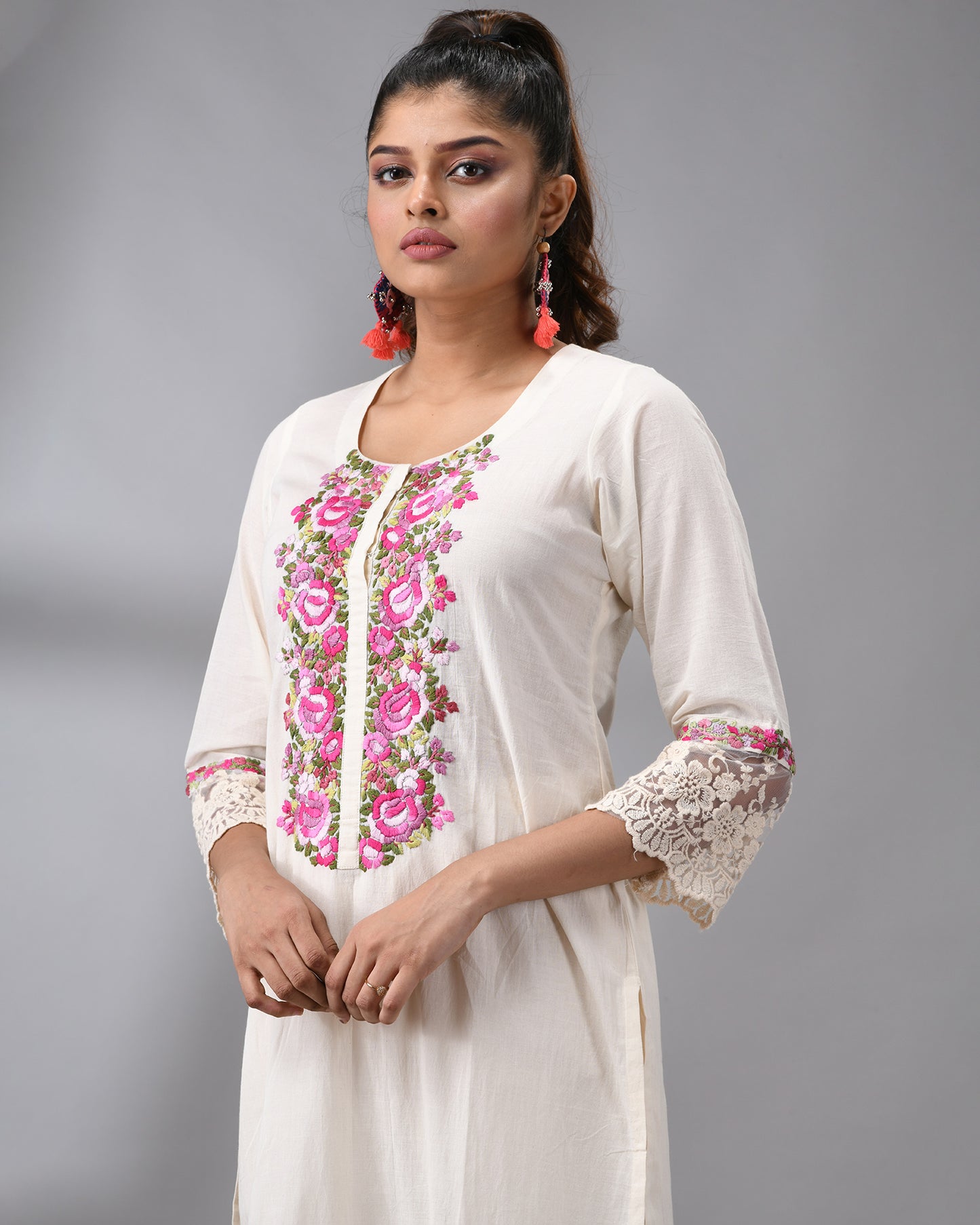 Rose 4 A Rose - Parsee Hand Embroidery Three-Quarter Sleeve Round Neck Co-Ord Set 100% Cotton for Women
