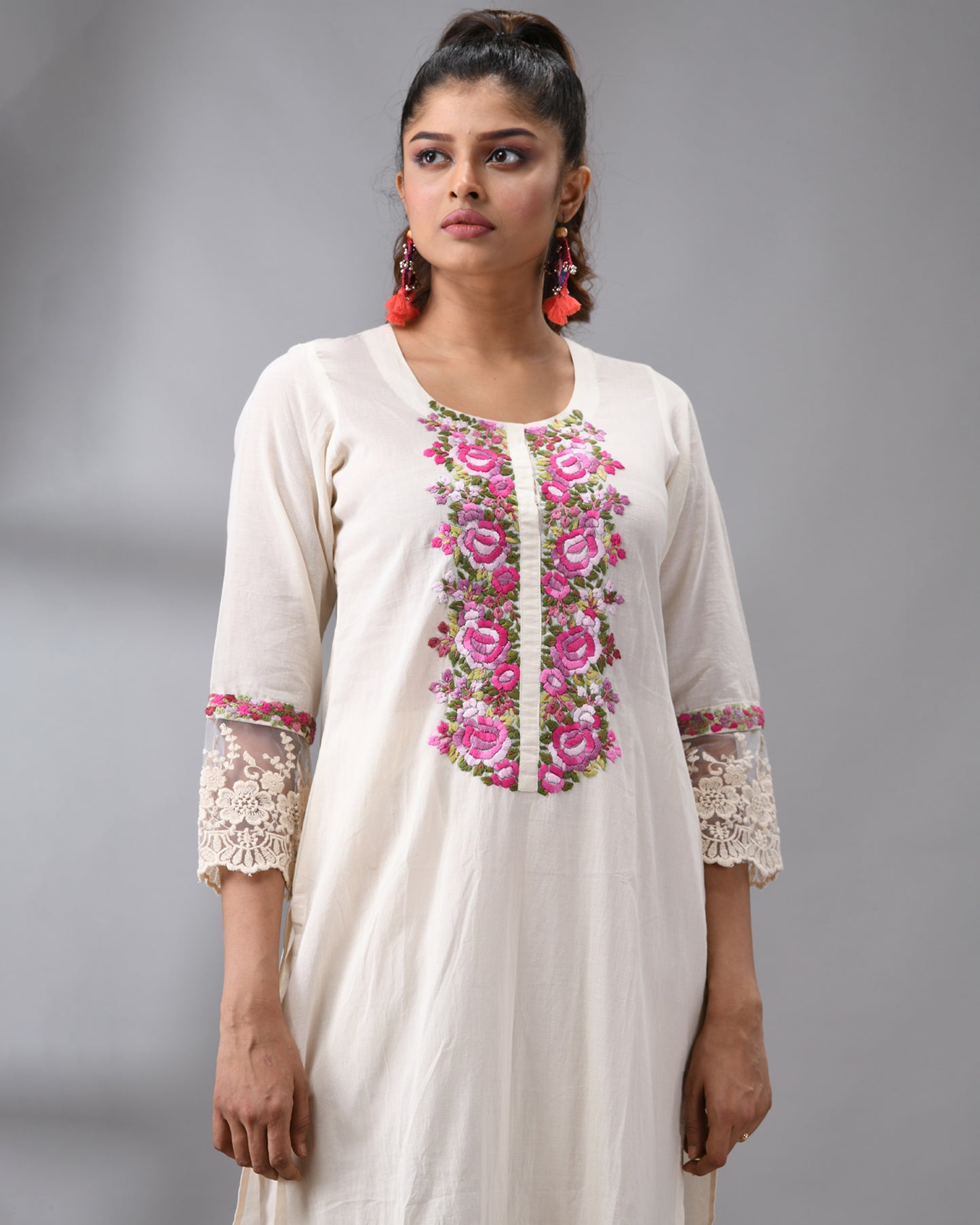 Rose 4 A Rose - Parsee Hand Embroidery Three-Quarter Sleeve Round Neck Co-Ord Set 100% Cotton for Women