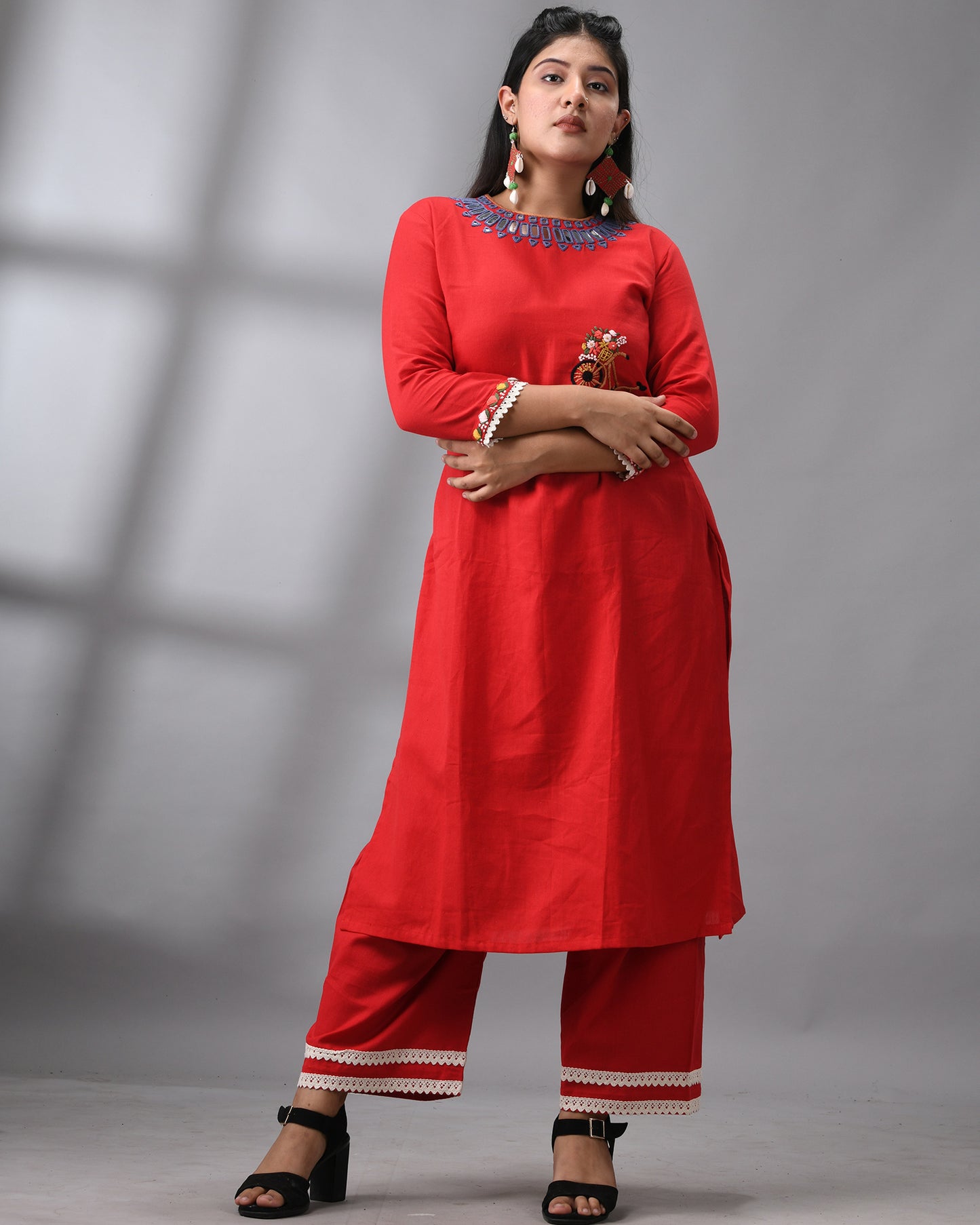 Sheesha - Khadi Red Parsee Hand Embroidery Three-Quarter Sleeve "O" Neck Co-Ord Set 100% Cotton for Women