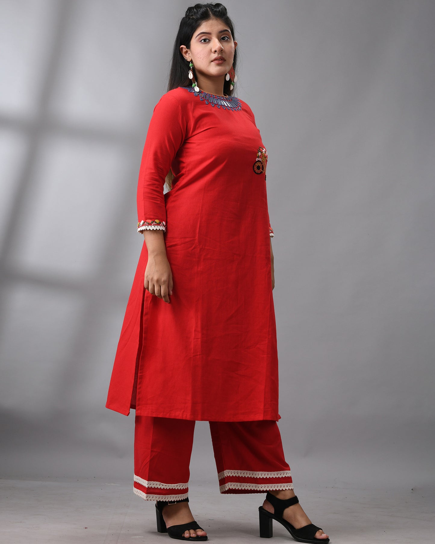 Sheesha - Khadi Red Parsee Hand Embroidery Three-Quarter Sleeve "O" Neck Co-Ord Set 100% Cotton for Women
