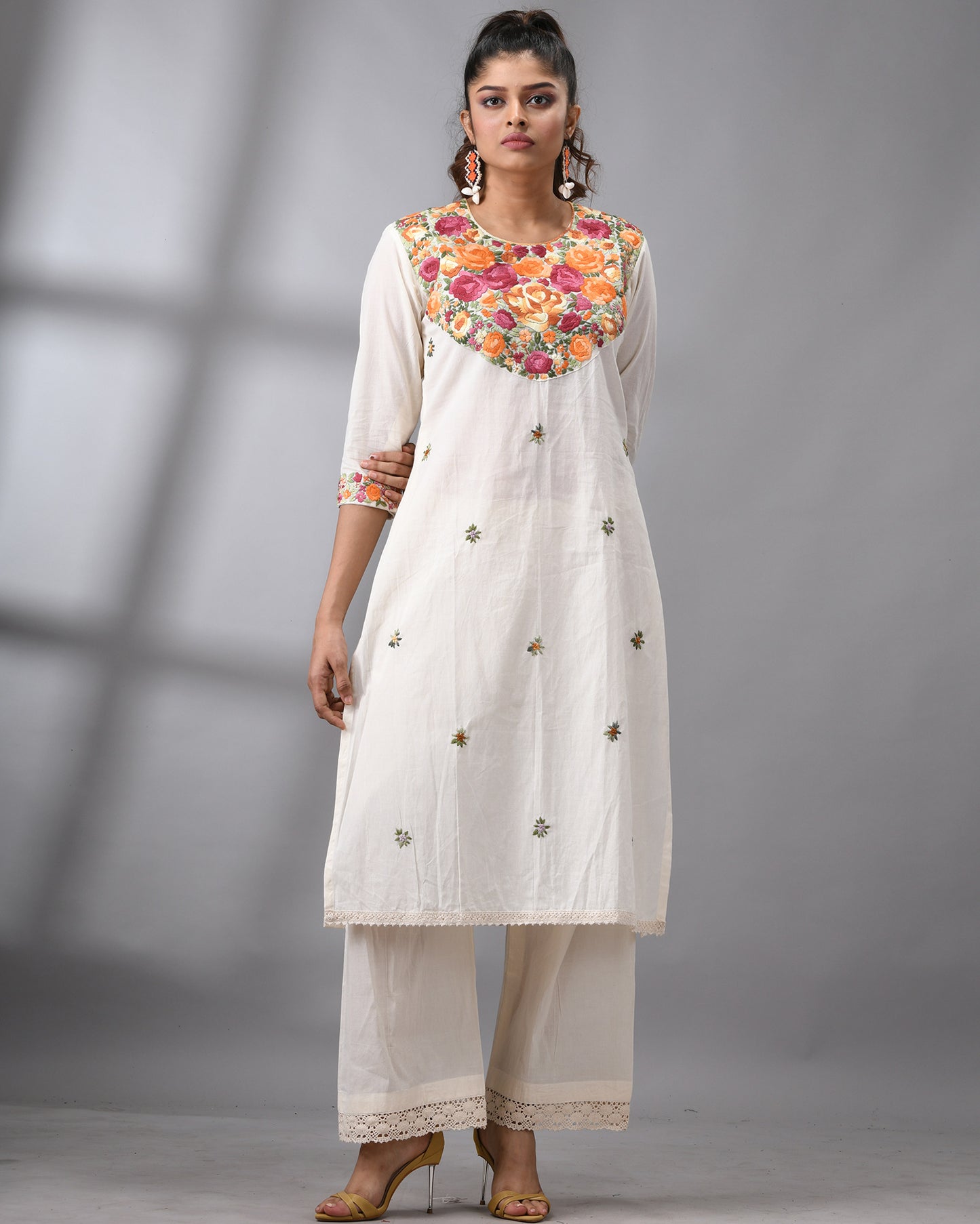 Gulbaro - Parsee Hand Embroidery Three-Quarter Sleeve Round Neck Co-Ord Set 100% Cotton for Women