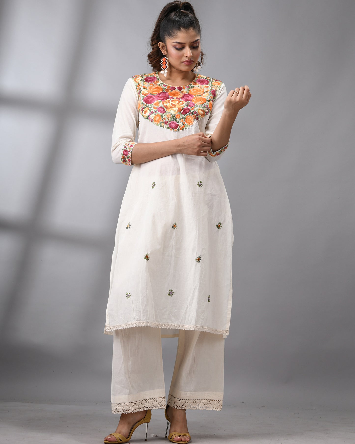 Gulbaro - Parsee Hand Embroidery Three-Quarter Sleeve Round Neck Co-Ord Set 100% Cotton for Women