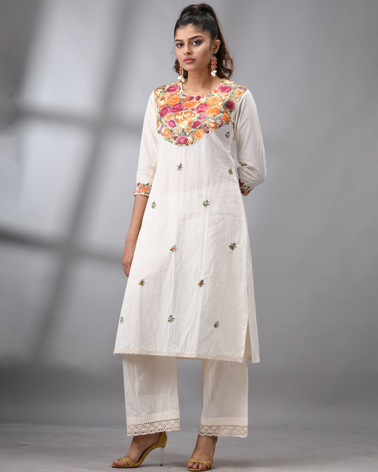 Gulbaro - Parsee Hand Embroidery Three-Quarter Sleeve Round Neck Co-Ord Set 100% Cotton for Women