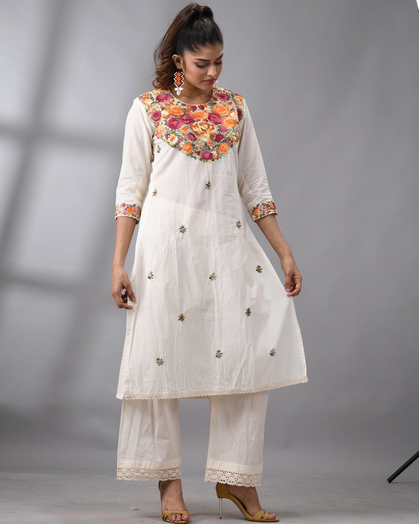 Gulbaro - Parsee Hand Embroidery Three-Quarter Sleeve Round Neck Co-Ord Set 100% Cotton for Women