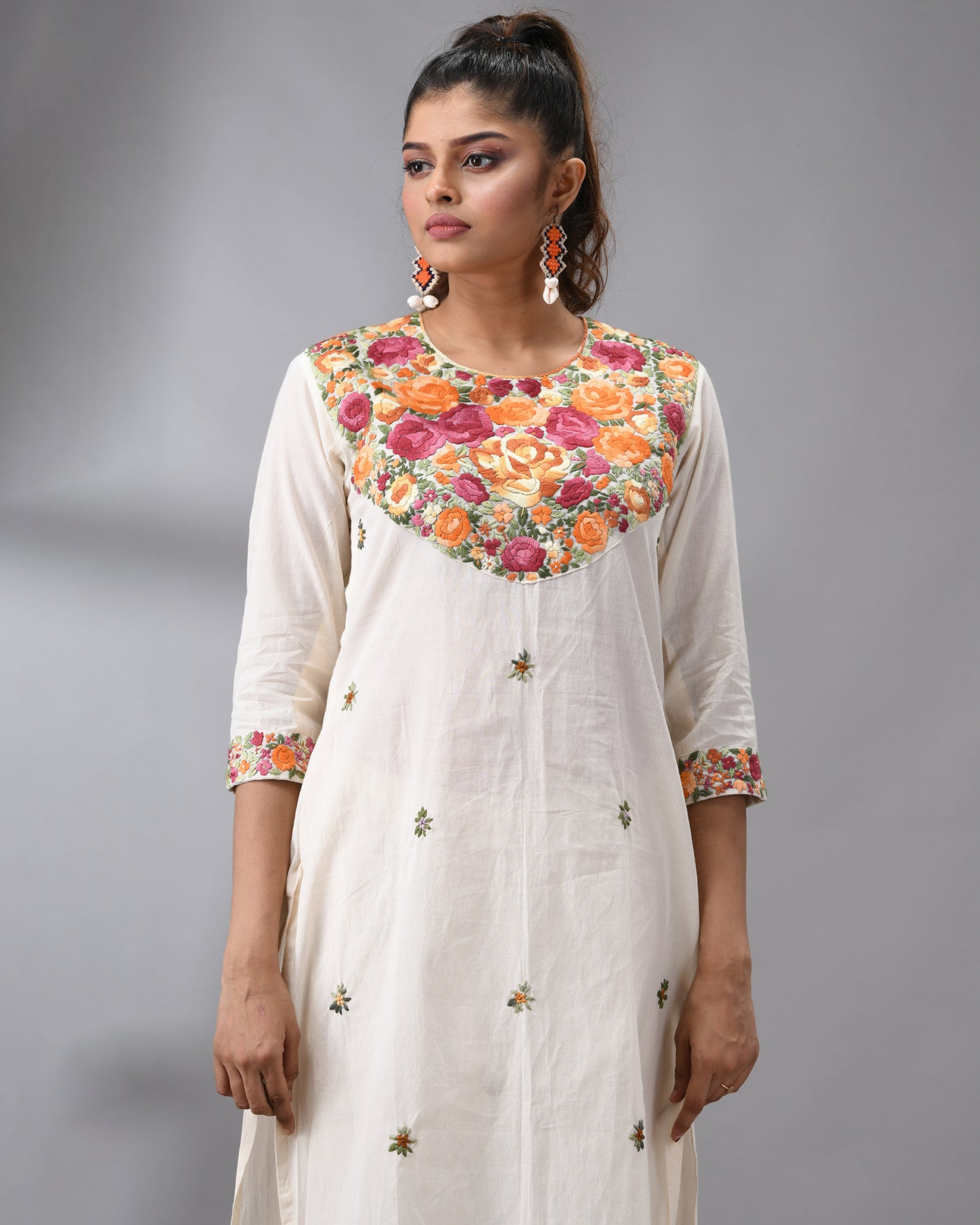 Gulbaro - Parsee Hand Embroidery Three-Quarter Sleeve Round Neck Co-Ord Set 100% Cotton for Women