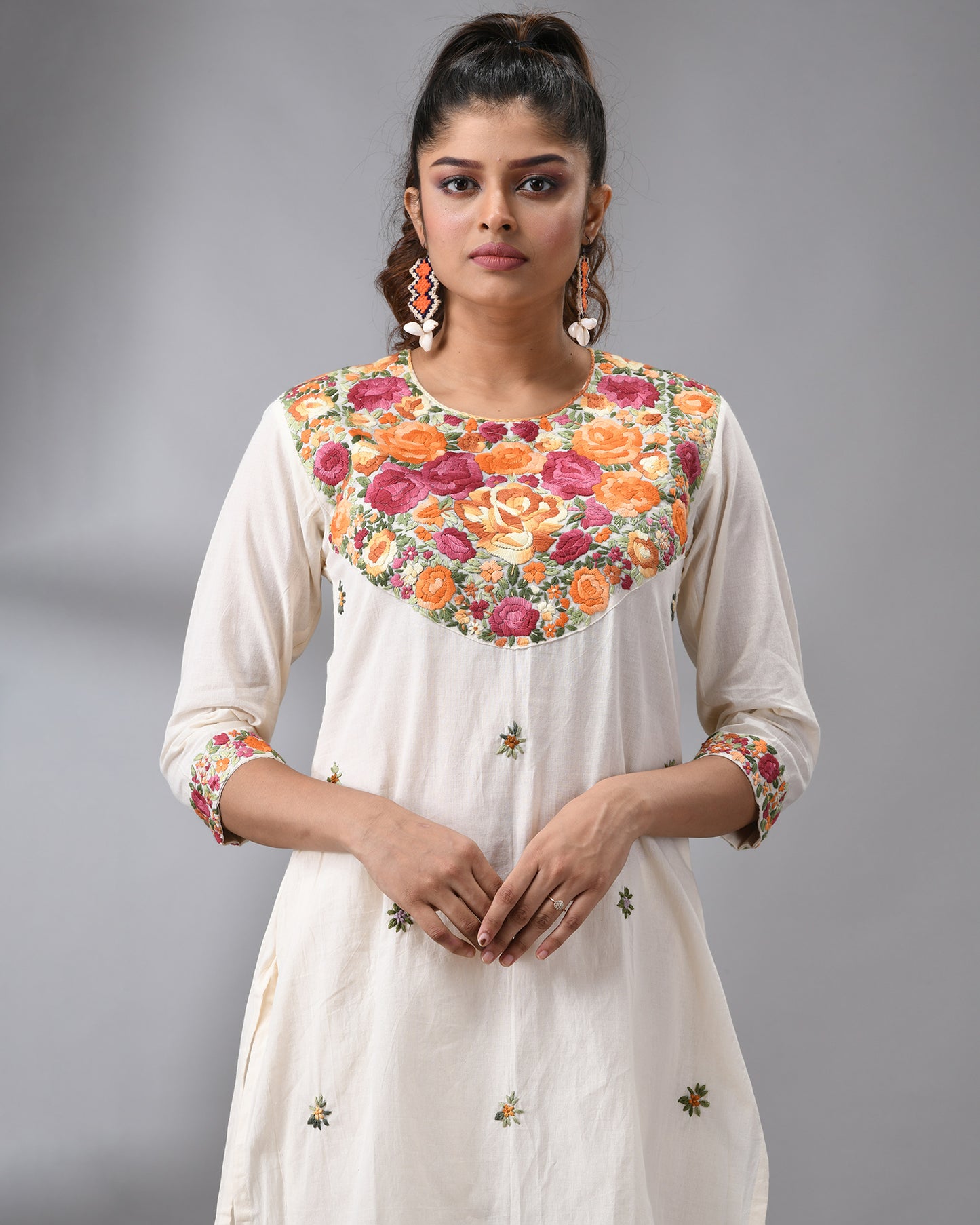 Gulbaro - Parsee Hand Embroidery Three-Quarter Sleeve Round Neck Co-Ord Set 100% Cotton for Women