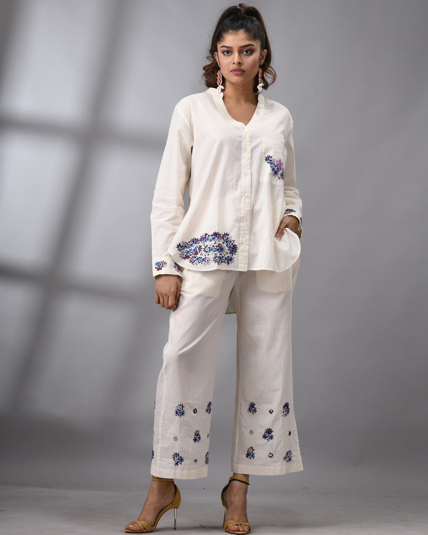 Afreen Parsee - Purple Hand Embroidery Full Sleeve Mandarin Collar Co-Ord Set Regular fit 100% Cotton for Women