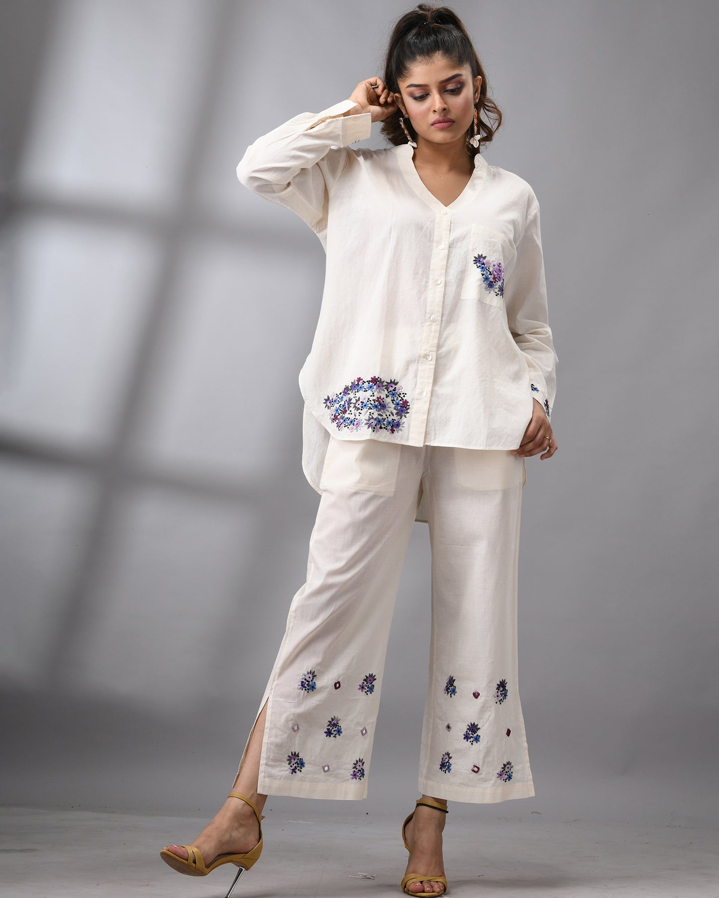 Afreen Parsee - Purple Hand Embroidery Full Sleeve Mandarin Collar Co-Ord Set Regular fit 100% Cotton for Women