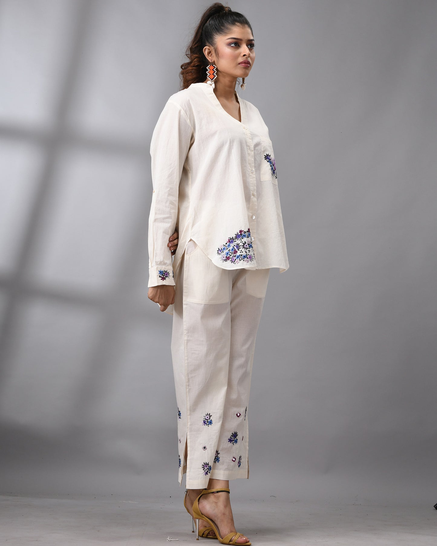Afreen Parsee - Purple Hand Embroidery Full Sleeve Mandarin Collar Co-Ord Set Regular fit 100% Cotton for Women