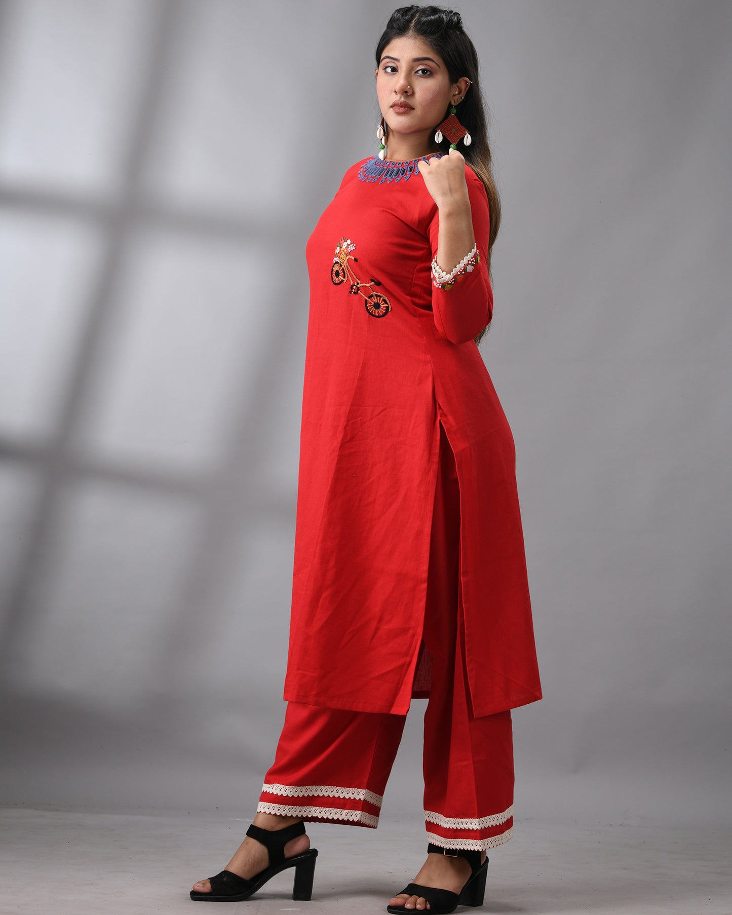 Sheesha - Khadi Red Parsee Hand Embroidery Three-Quarter Sleeve "O" Neck Co-Ord Set 100% Cotton for Women