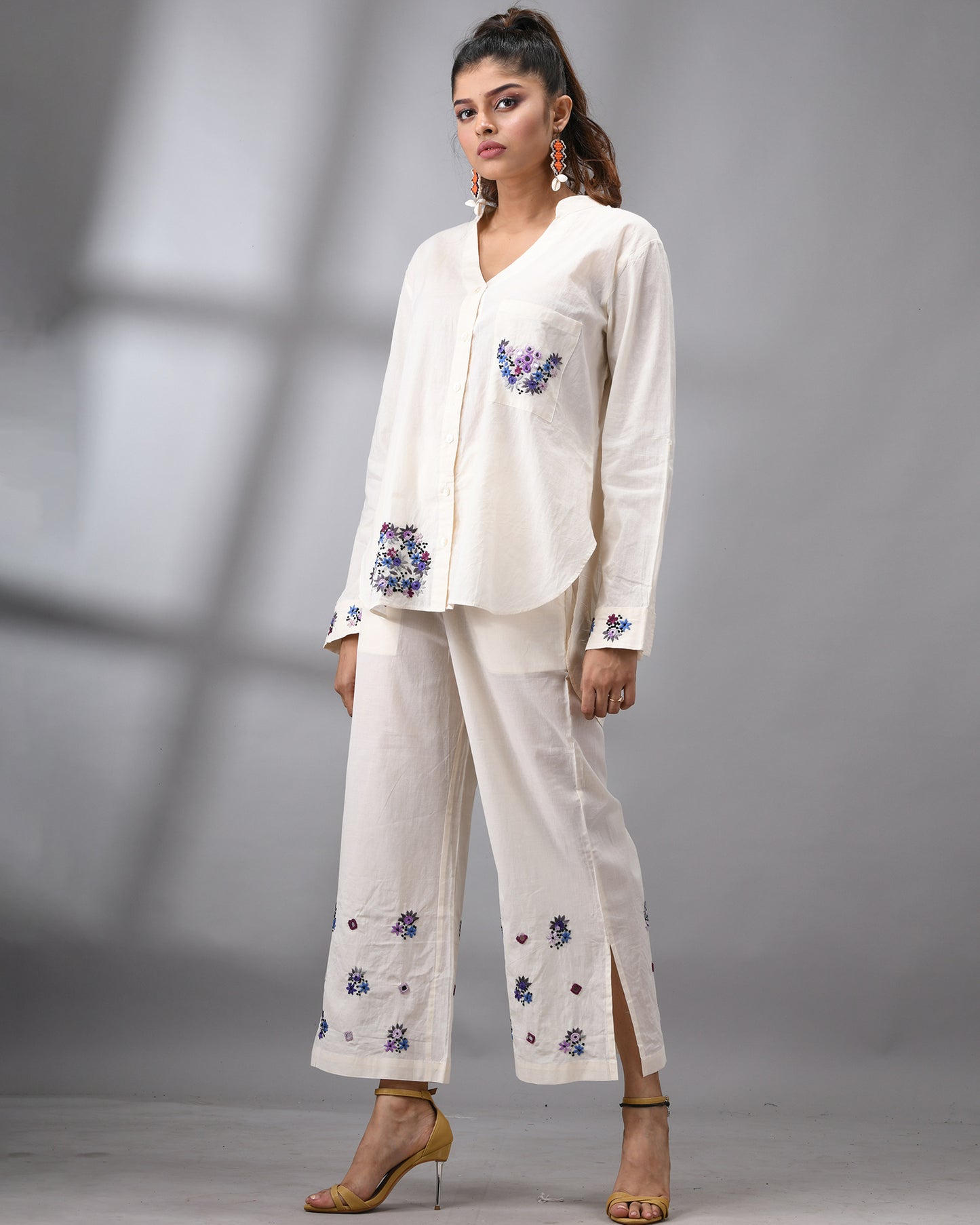 Afreen Parsee - Purple Hand Embroidery Full Sleeve Mandarin Collar Co-Ord Set Regular fit 100% Cotton for Women