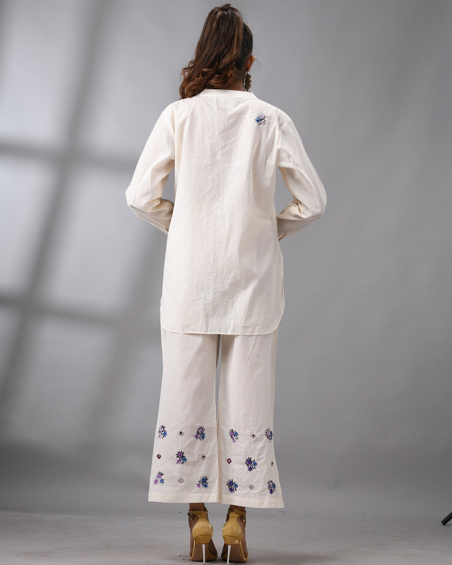 Afreen Parsee - Purple Hand Embroidery Full Sleeve Mandarin Collar Co-Ord Set Regular fit 100% Cotton for Women
