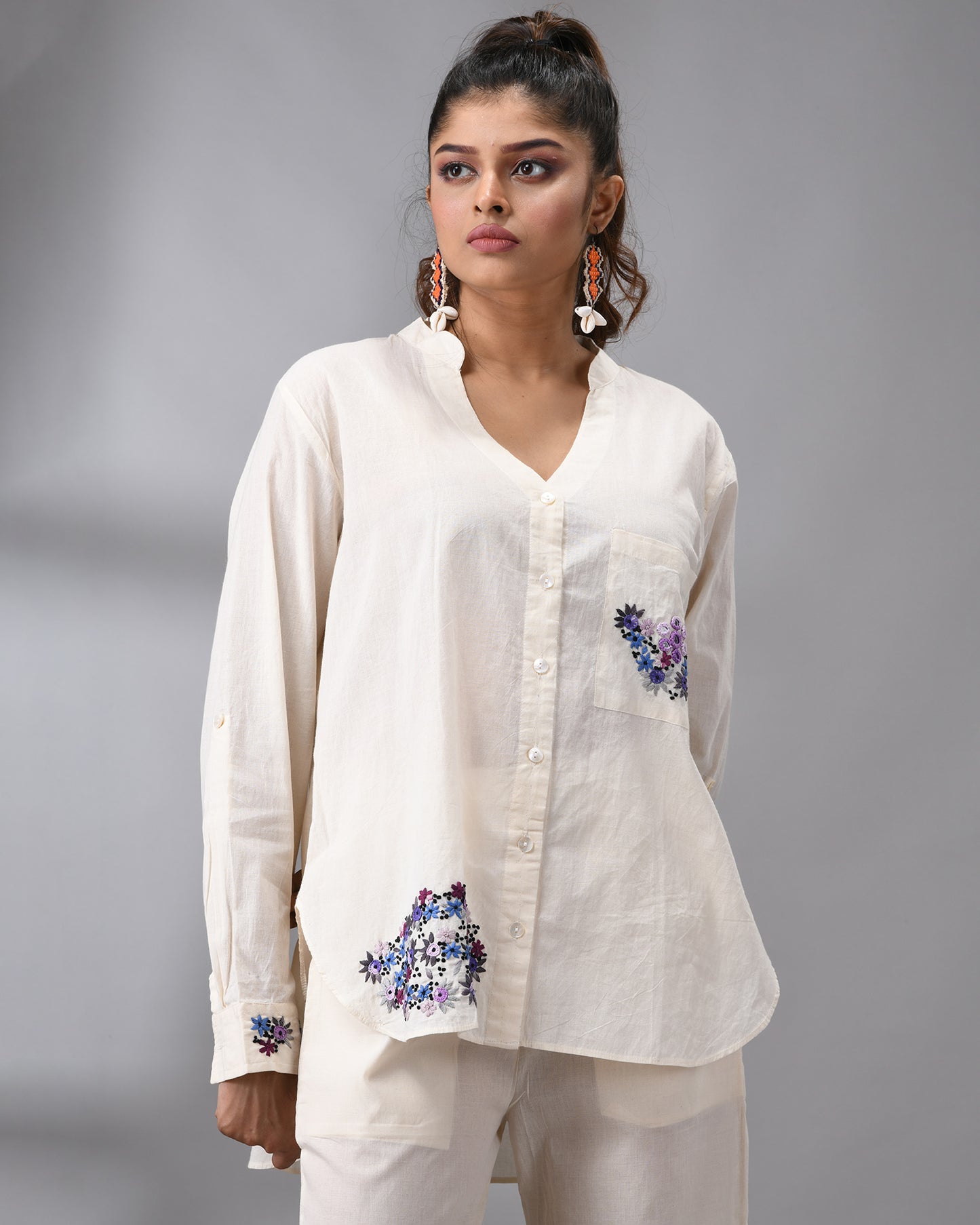Afreen Parsee - Purple Hand Embroidery Full Sleeve Mandarin Collar Co-Ord Set Regular fit 100% Cotton for Women