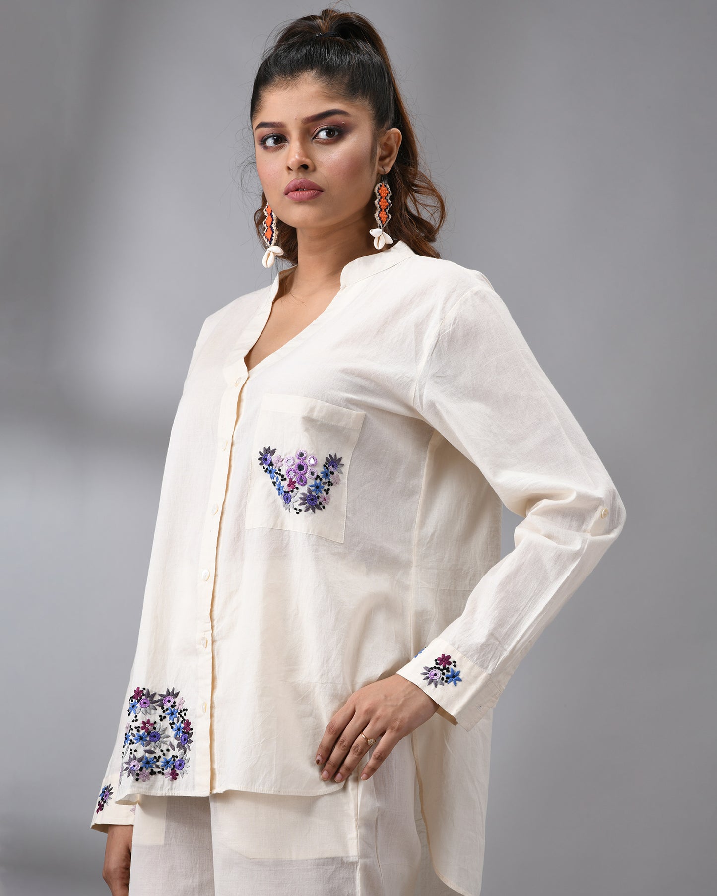 Afreen Parsee - Purple Hand Embroidery Full Sleeve Mandarin Collar Co-Ord Set Regular fit 100% Cotton for Women