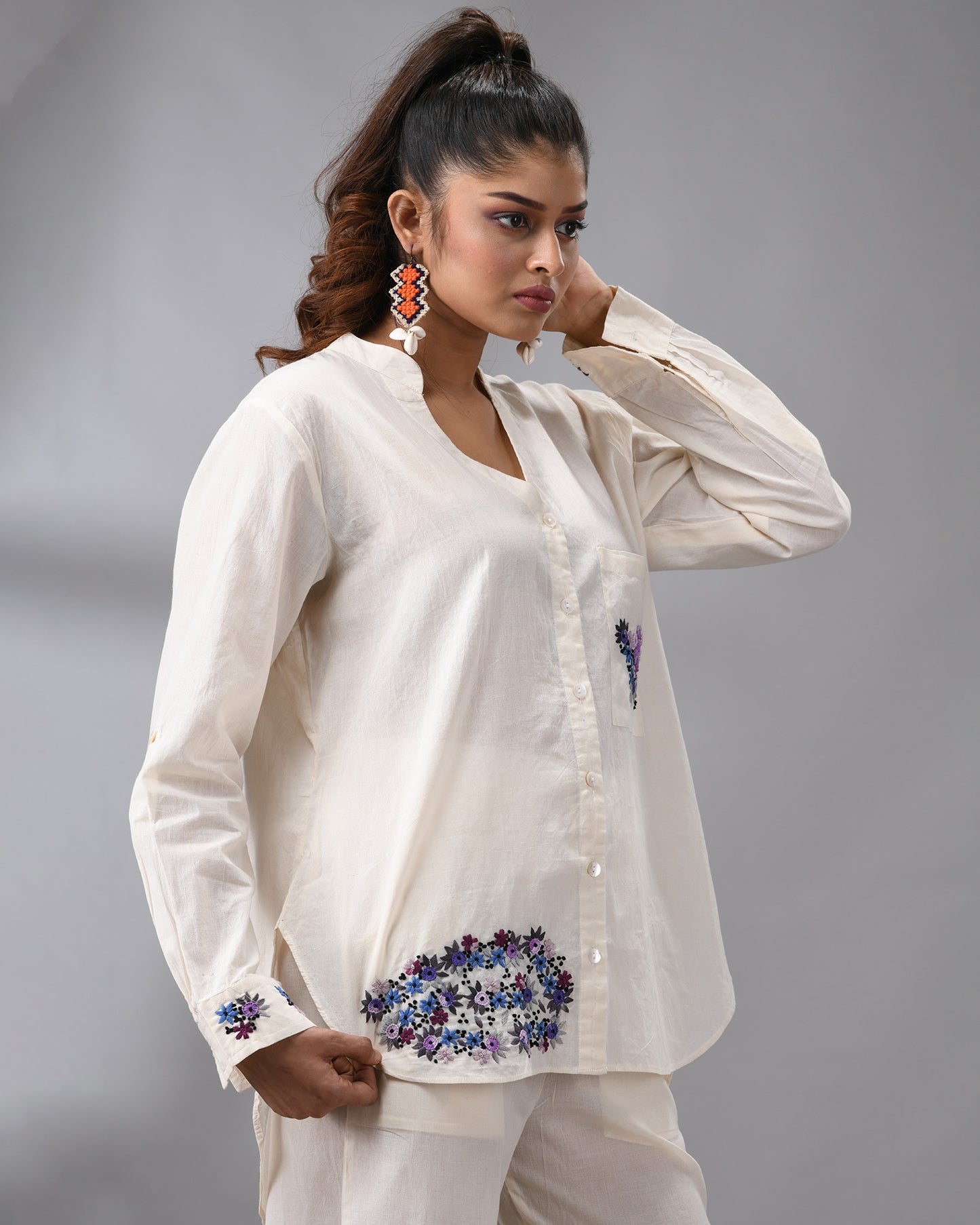 Afreen Parsee - Purple Hand Embroidery Full Sleeve Mandarin Collar Co-Ord Set Regular fit 100% Cotton for Women