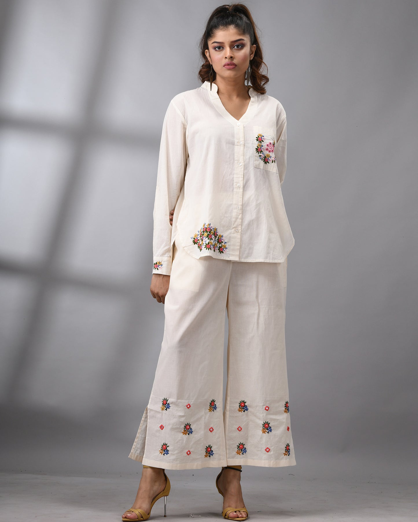Afreen Parsee - Pink Hand Embroidery Full Sleeve Mandarine Collar Co-Ord Set Regular fit 100% Cotton for Women