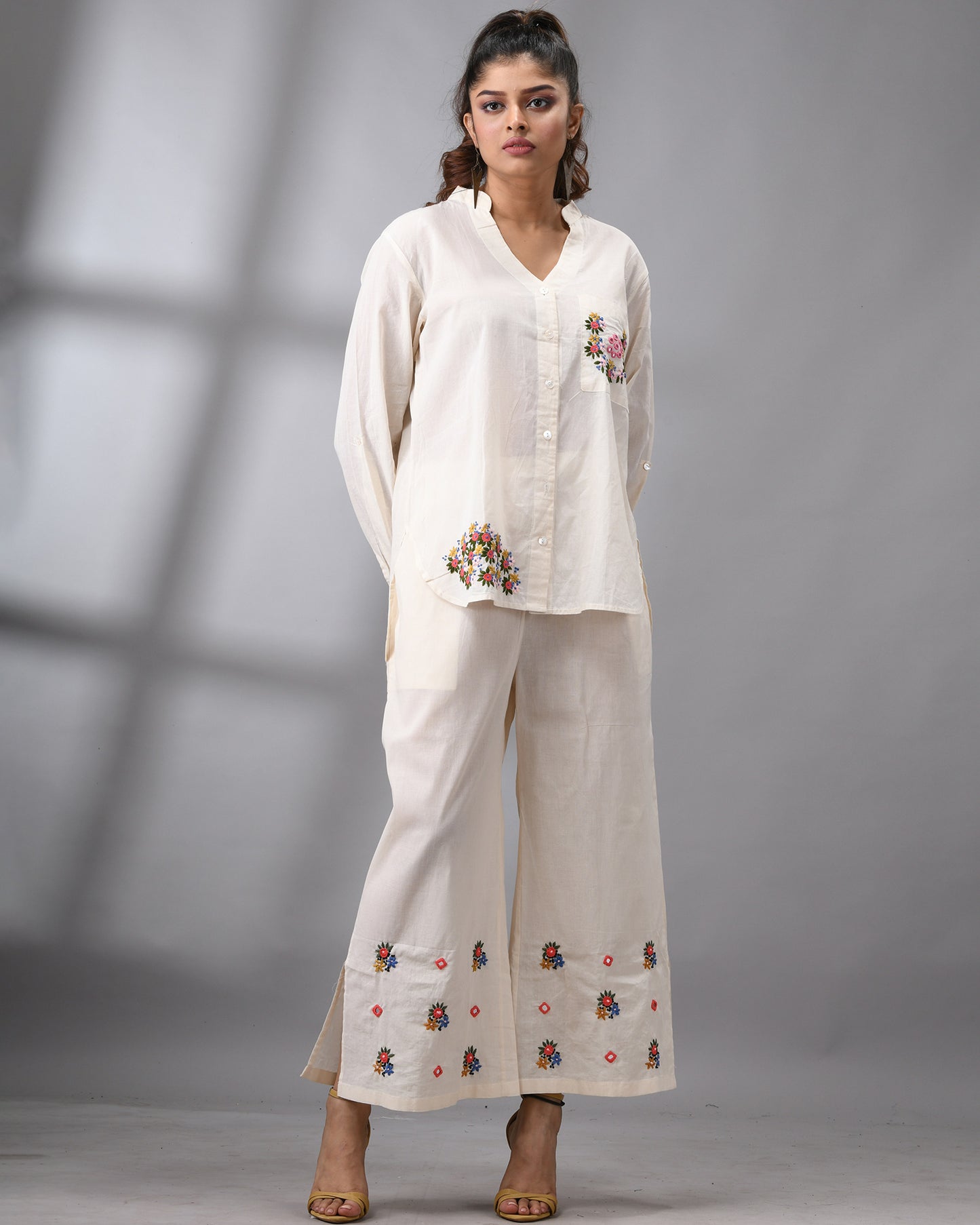 Afreen Parsee - Pink Hand Embroidery Full Sleeve Mandarine Collar Co-Ord Set Regular fit 100% Cotton for Women