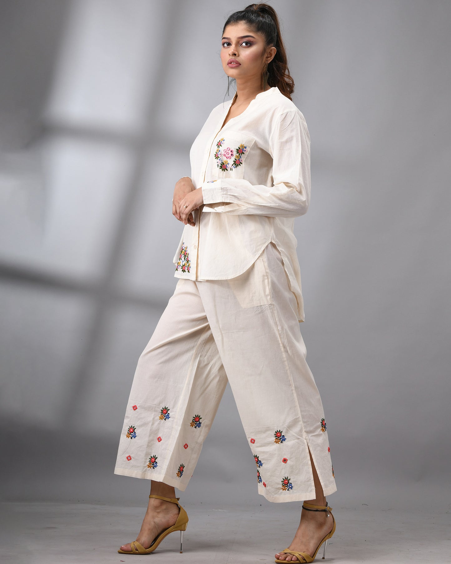 Afreen Parsee - Pink Hand Embroidery Full Sleeve Mandarine Collar Co-Ord Set Regular fit 100% Cotton for Women