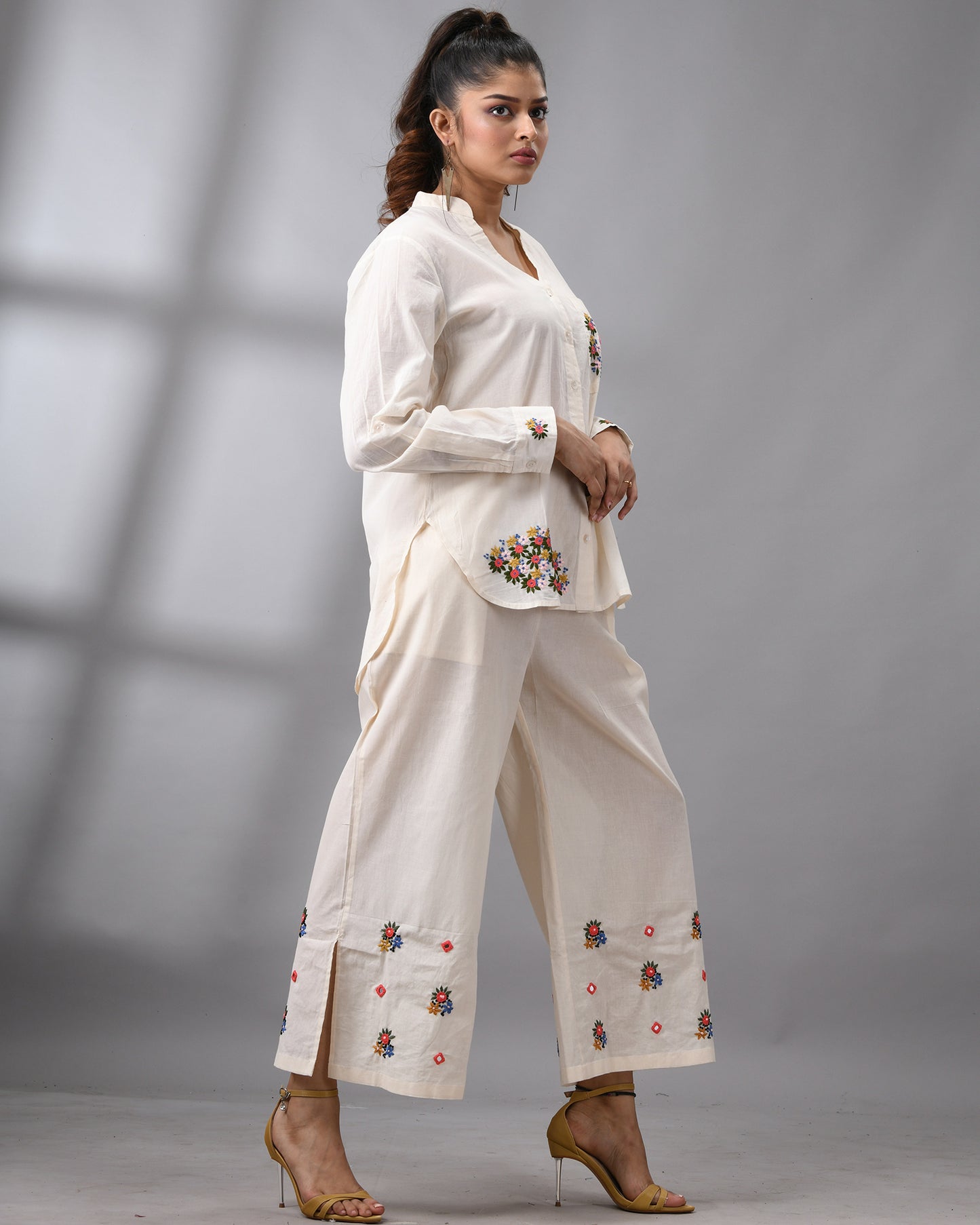 Afreen Parsee - Pink Hand Embroidery Full Sleeve Mandarine Collar Co-Ord Set Regular fit 100% Cotton for Women