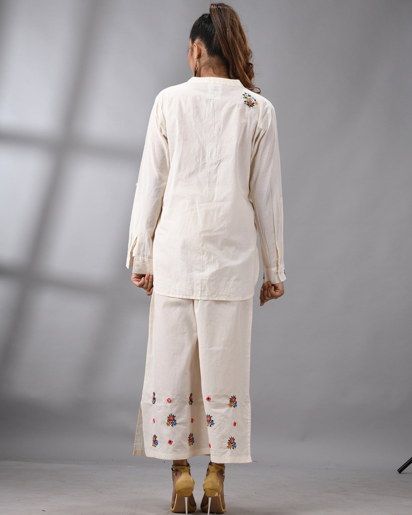 Afreen Parsee - Pink Hand Embroidery Full Sleeve Mandarine Collar Co-Ord Set Regular fit 100% Cotton for Women