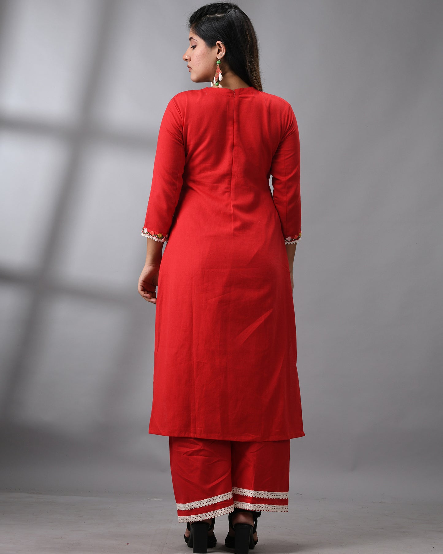 Sheesha - Khadi Red Parsee Hand Embroidery Three-Quarter Sleeve "O" Neck Co-Ord Set 100% Cotton for Women