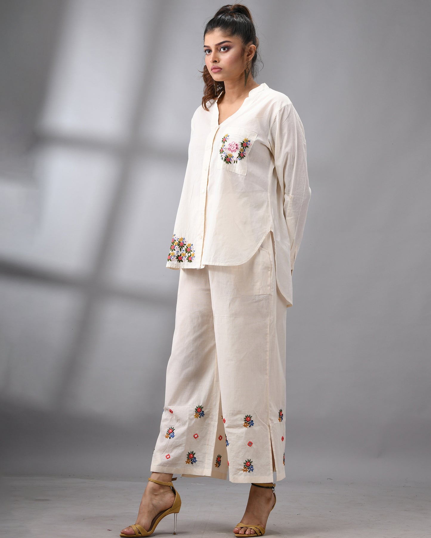 Afreen Parsee - Pink Hand Embroidery Full Sleeve Mandarine Collar Co-Ord Set Regular fit 100% Cotton for Women