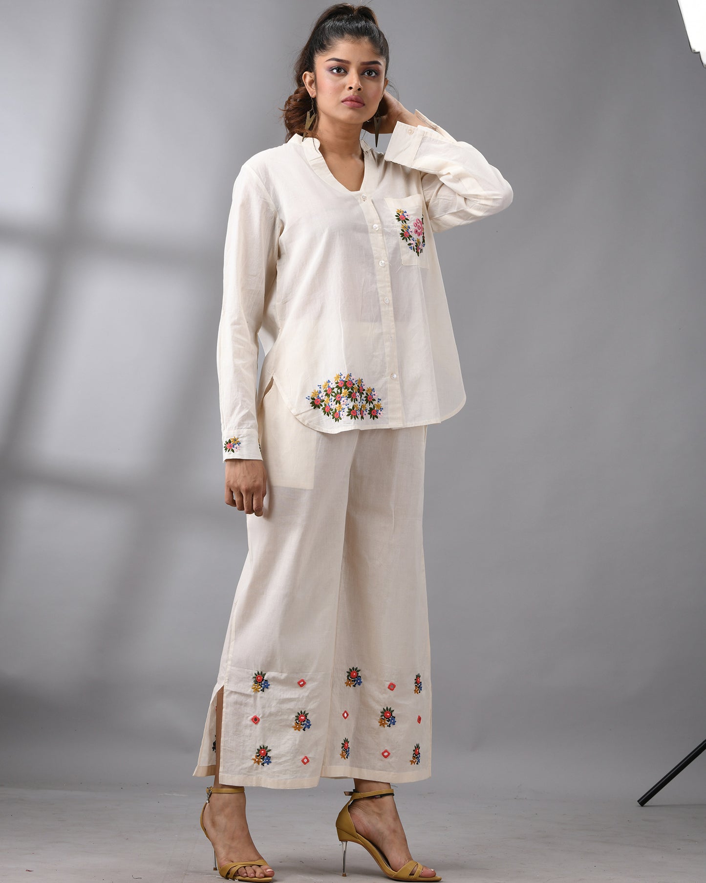 Afreen Parsee - Pink Hand Embroidery Full Sleeve Mandarine Collar Co-Ord Set Regular fit 100% Cotton for Women