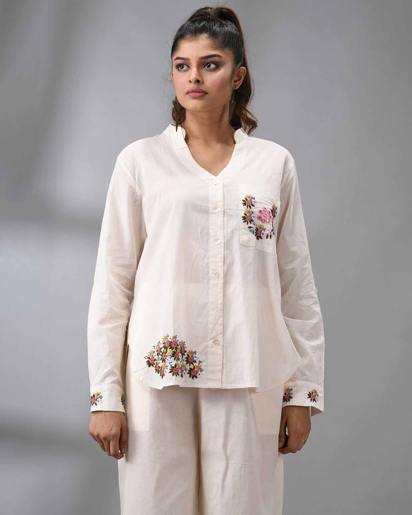 Afreen Parsee - Pink Hand Embroidery Full Sleeve Mandarine Collar Co-Ord Set Regular fit 100% Cotton for Women