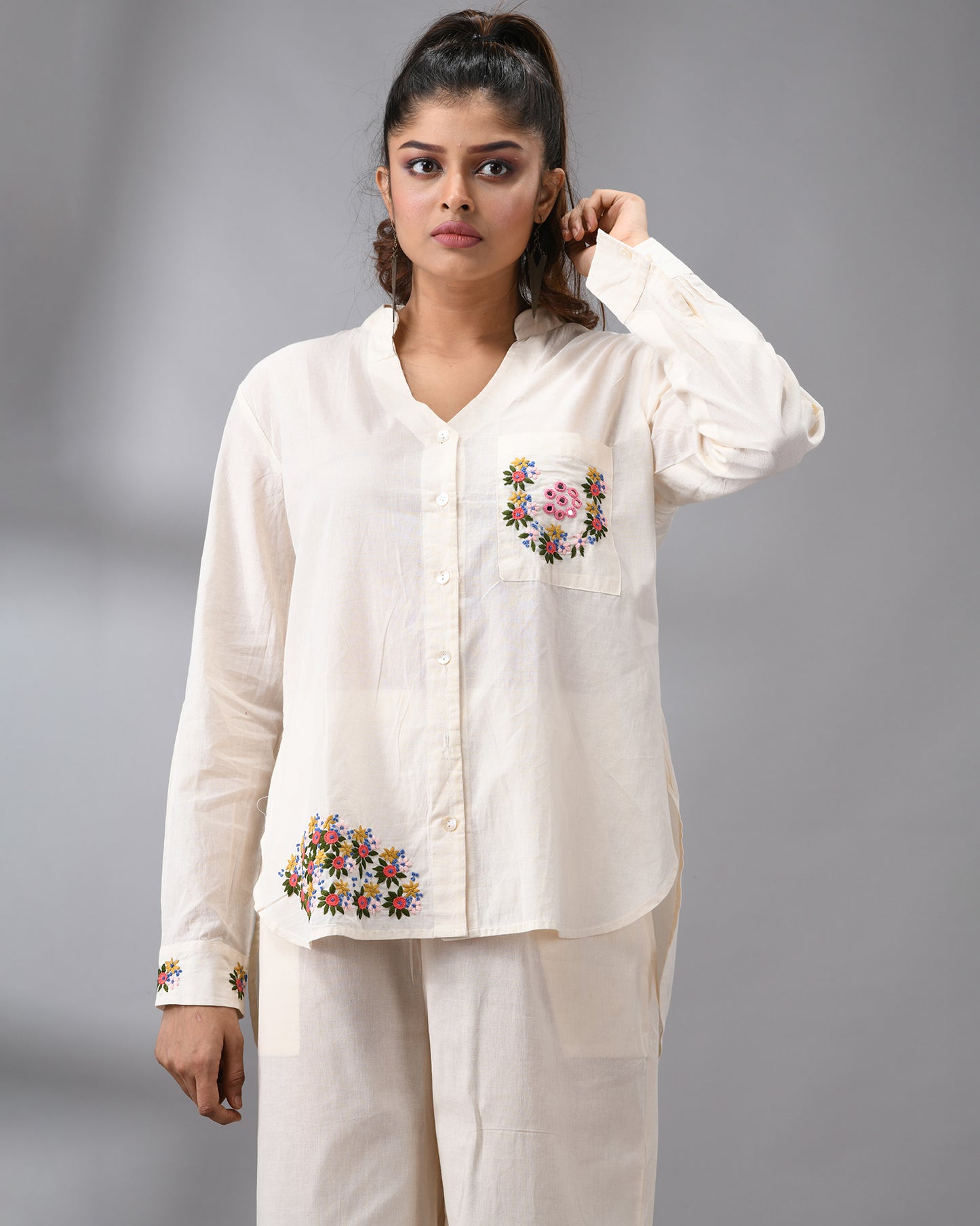 Afreen Parsee - Pink Hand Embroidery Full Sleeve Mandarine Collar Co-Ord Set Regular fit 100% Cotton for Women