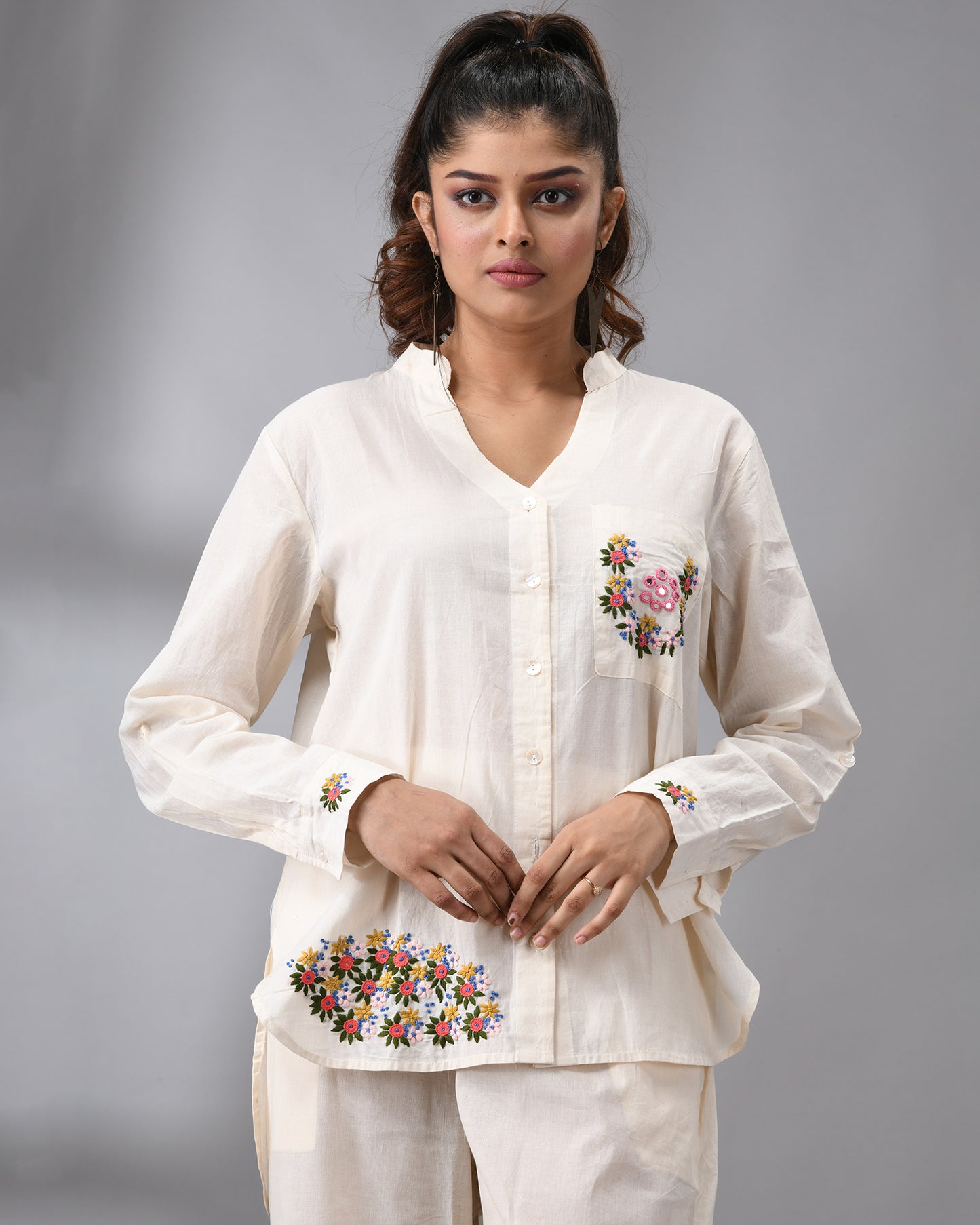 Afreen Parsee - Pink Hand Embroidery Full Sleeve Mandarine Collar Co-Ord Set Regular fit 100% Cotton for Women
