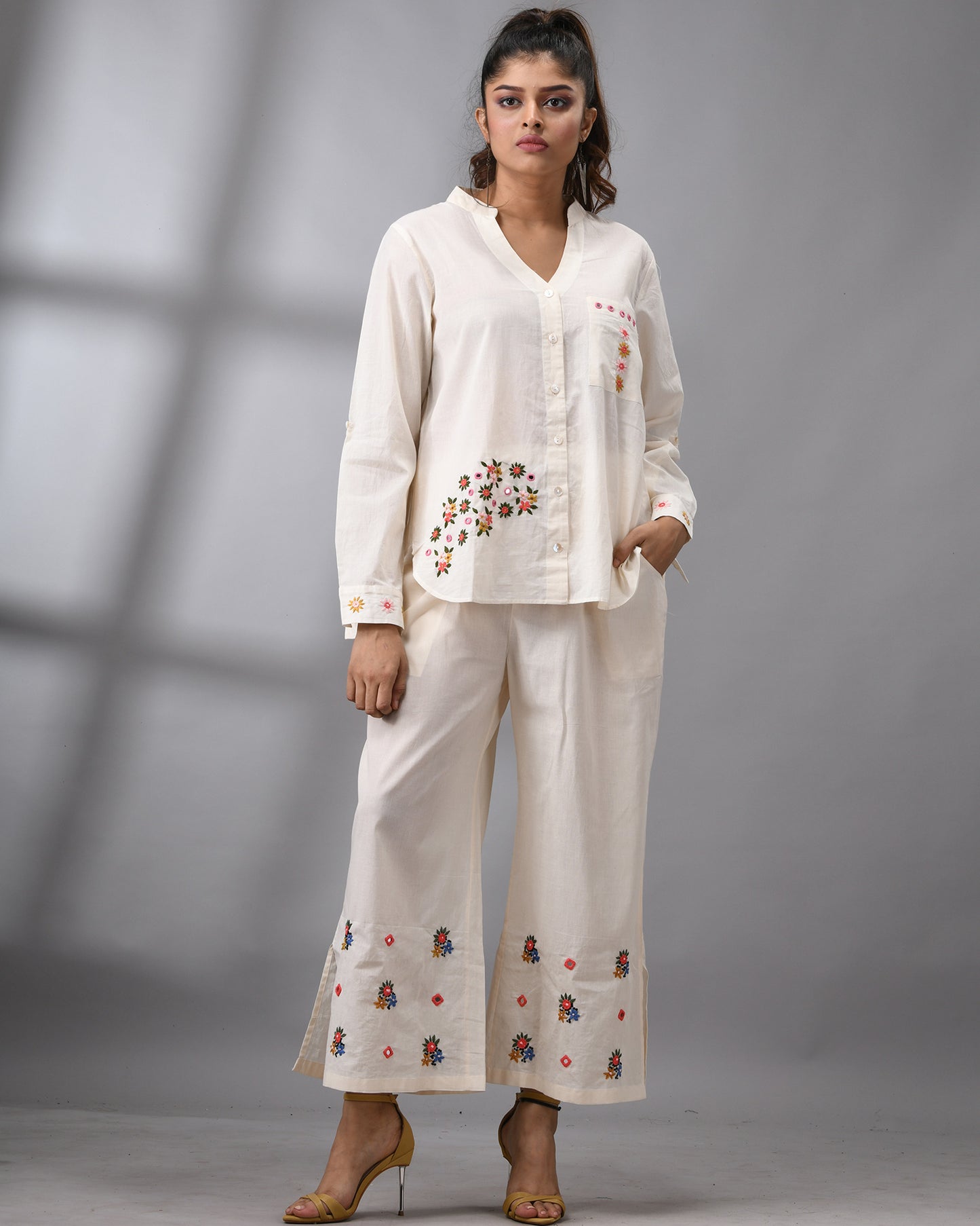 Afreen Parsee - Pink Hand Embroidery Full Sleeve Mandarine Collar Co-Ord Set Regular fit 100% Cotton for Women