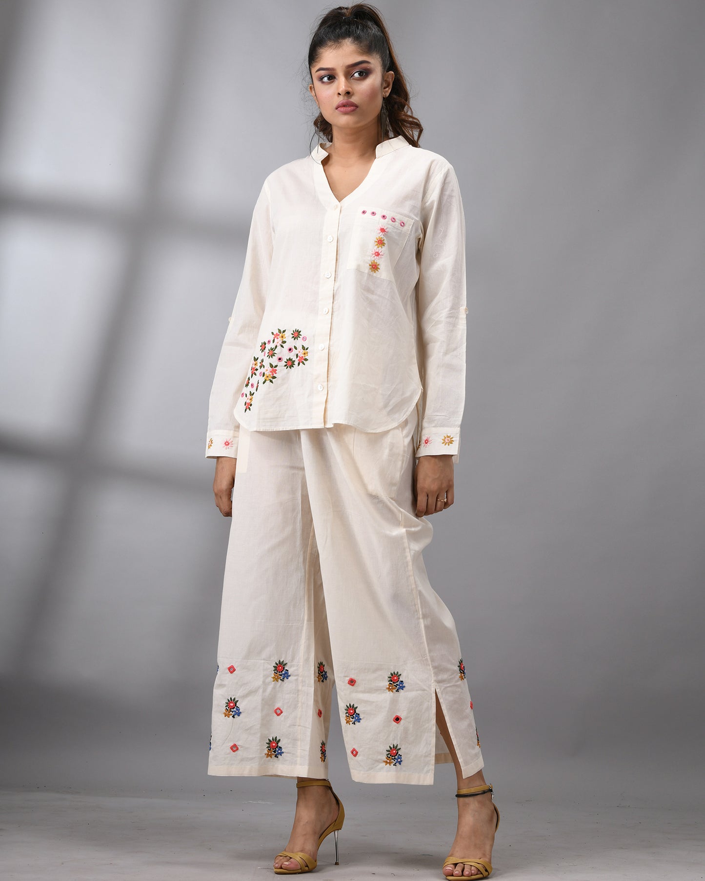 Afreen Parsee - Pink Hand Embroidery Full Sleeve Mandarine Collar Co-Ord Set Regular fit 100% Cotton for Women