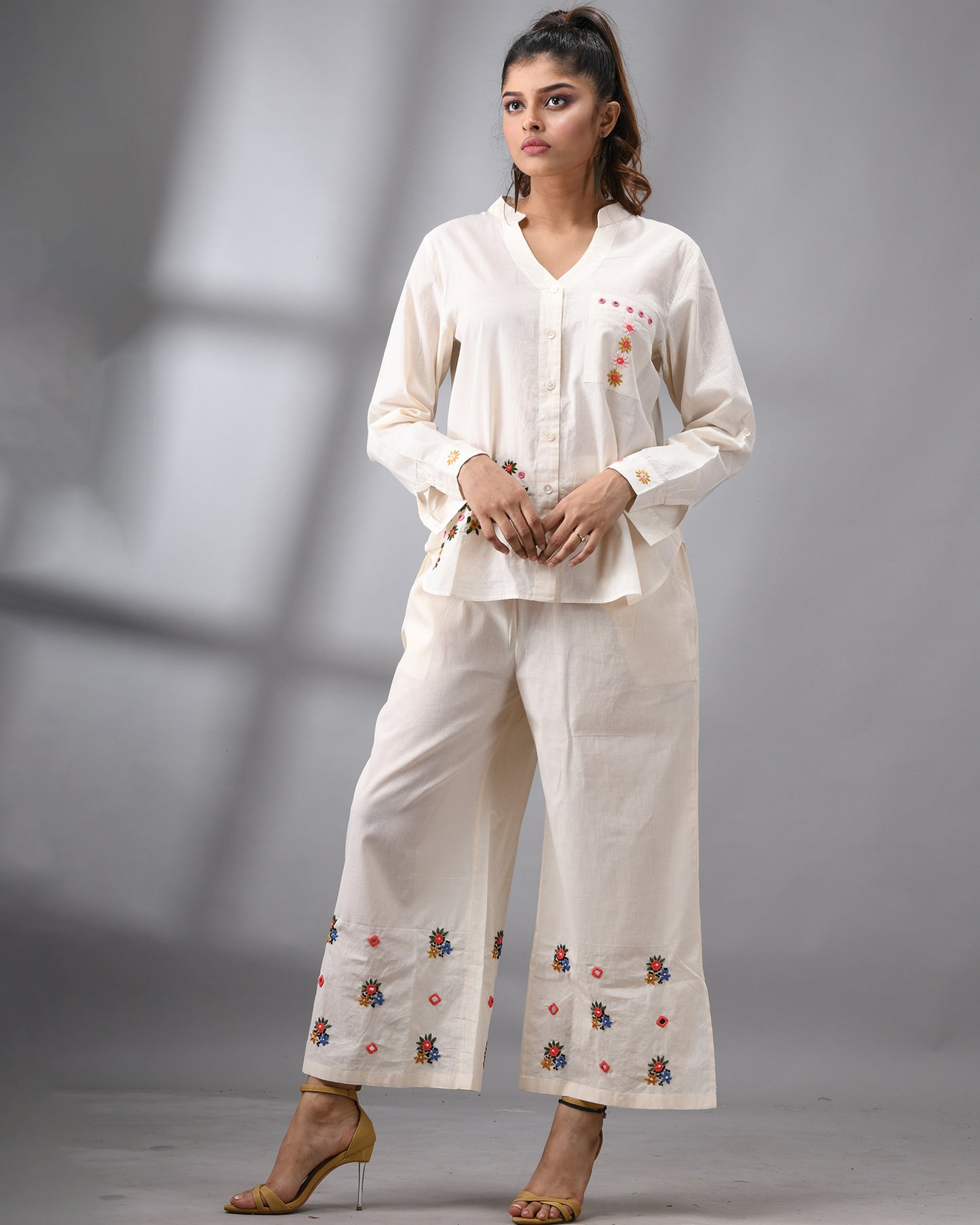 Afreen Parsee - Pink Hand Embroidery Full Sleeve Mandarine Collar Co-Ord Set Regular fit 100% Cotton for Women